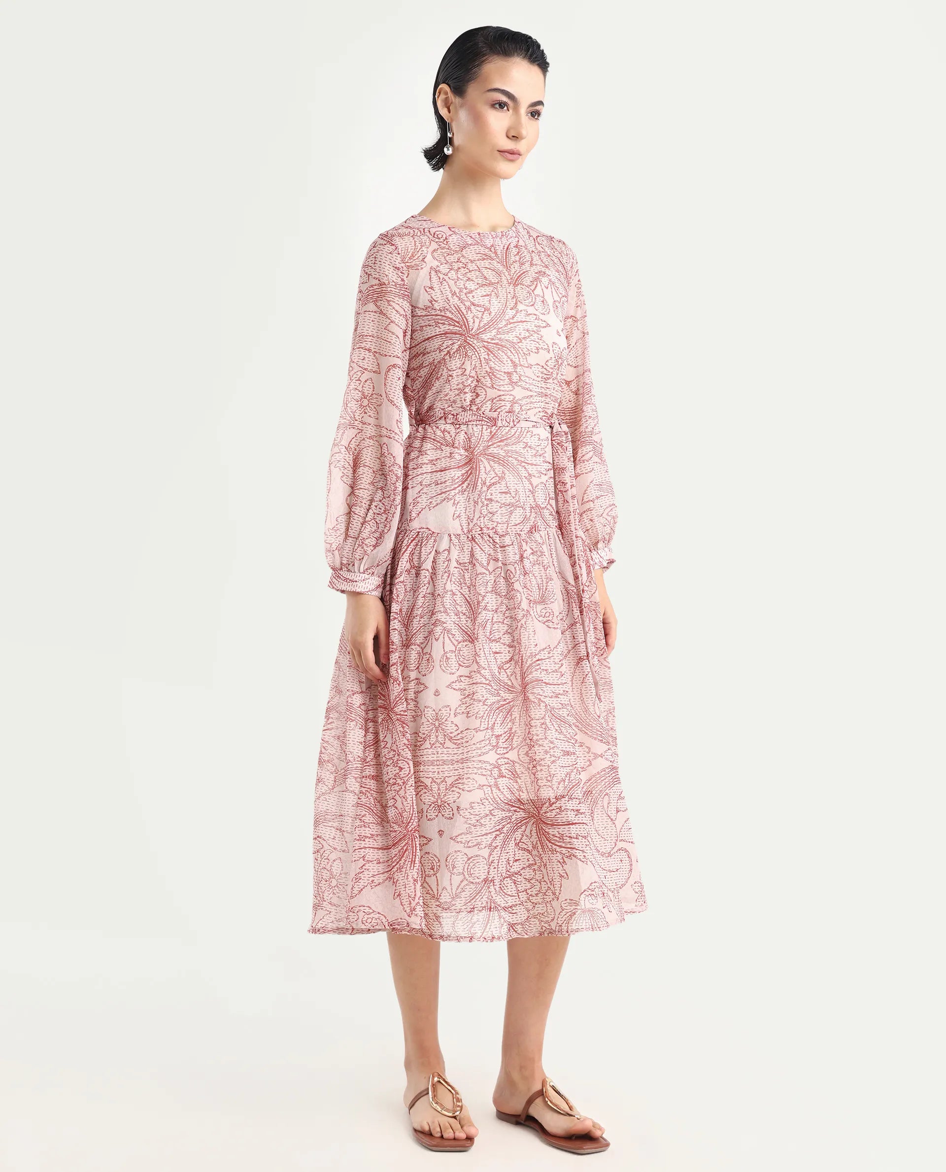 Rareism Women's Polima Multi Cotton Round Neck Abstract Print Bishop Sleeve Midi Flared Dress