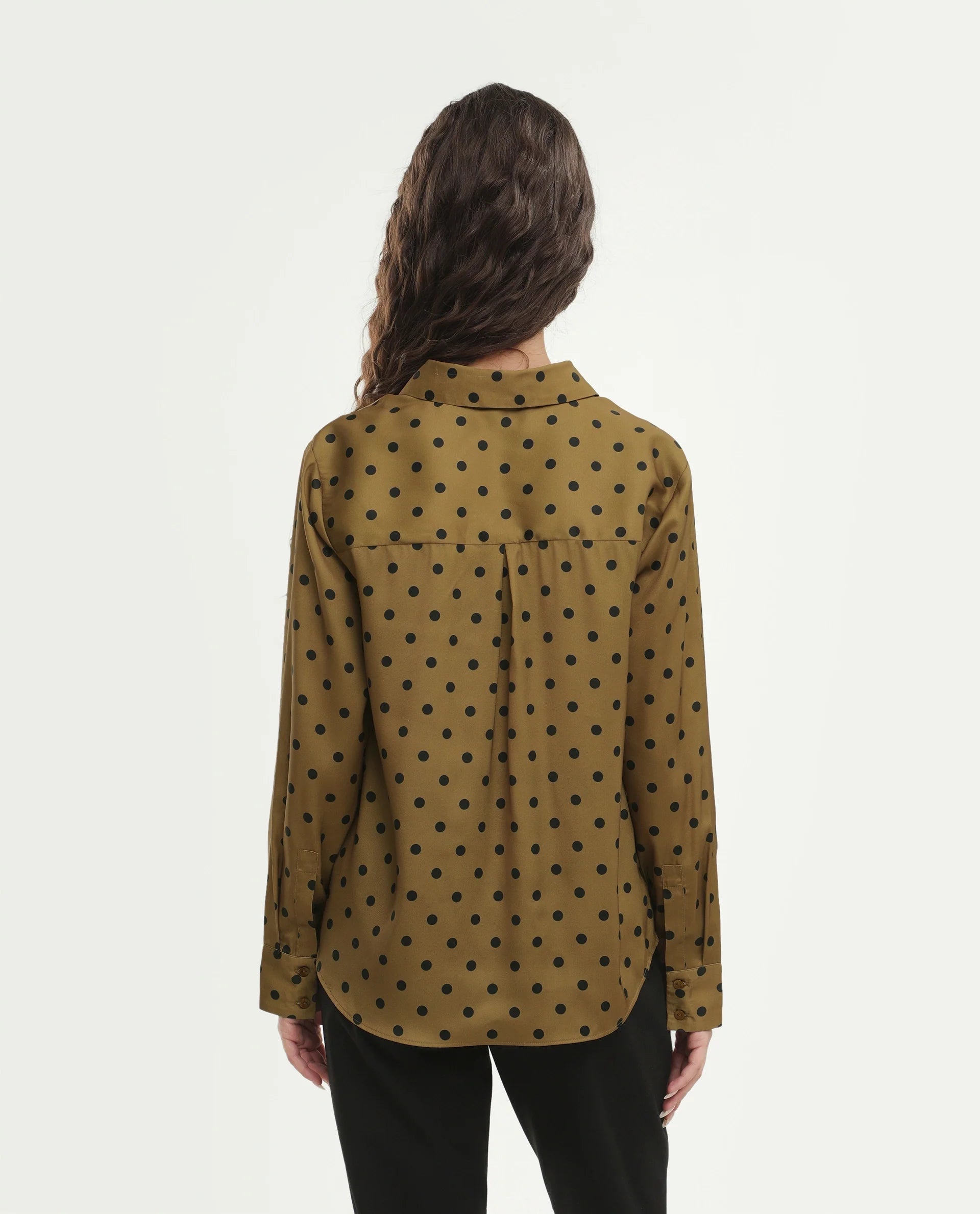 Rareism Women's Polro Olive Polyester Spread Collar Button Relaxed Polka Print Shirt