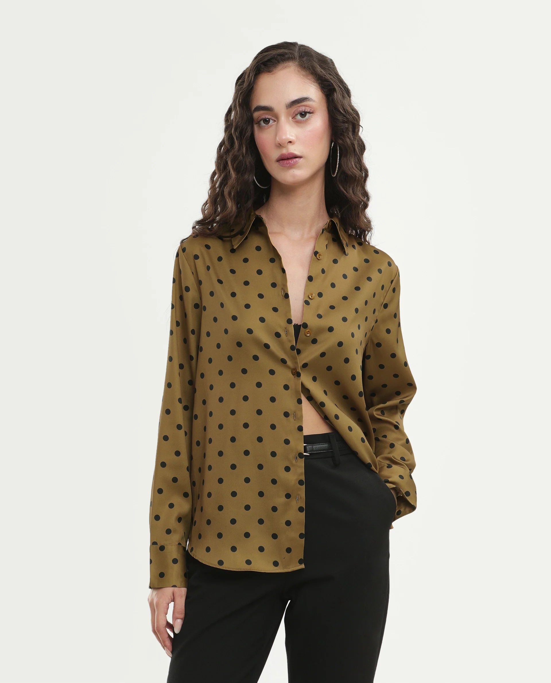 Rareism Women's Polro Olive Polyester Spread Collar Button Relaxed Polka Print Shirt