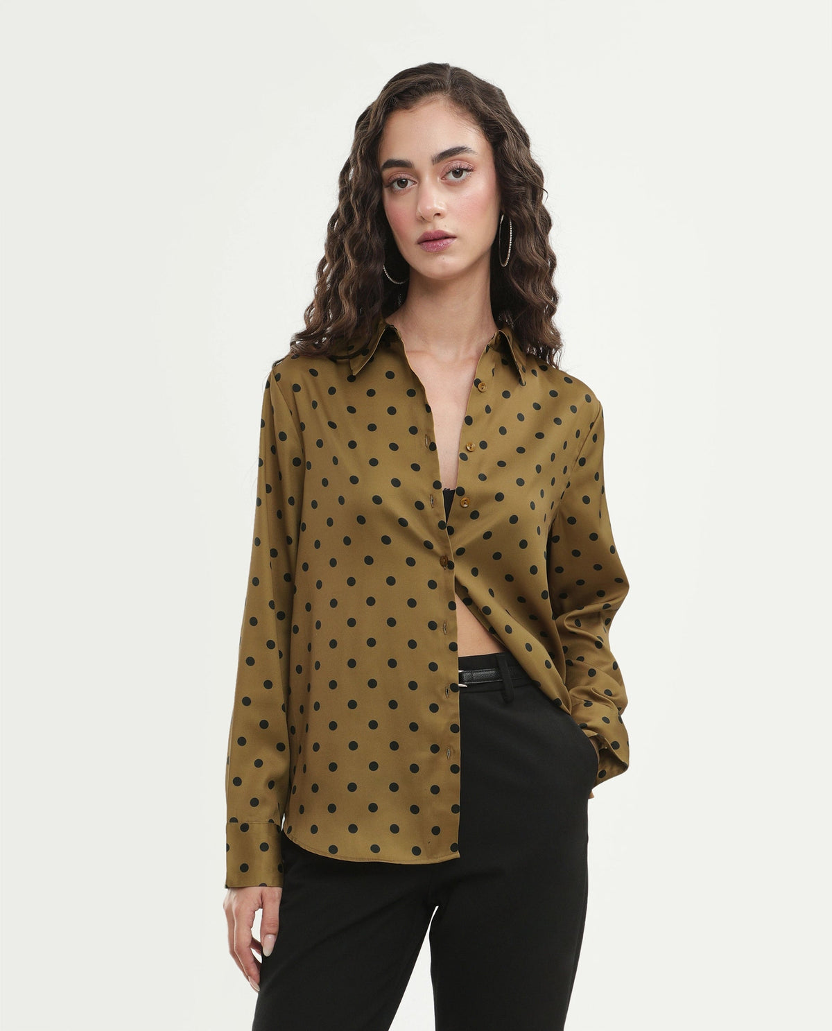 Rareism Women's Pola Beige Polyester Fabric Spread Collar Relaxed Polka Print Shirt