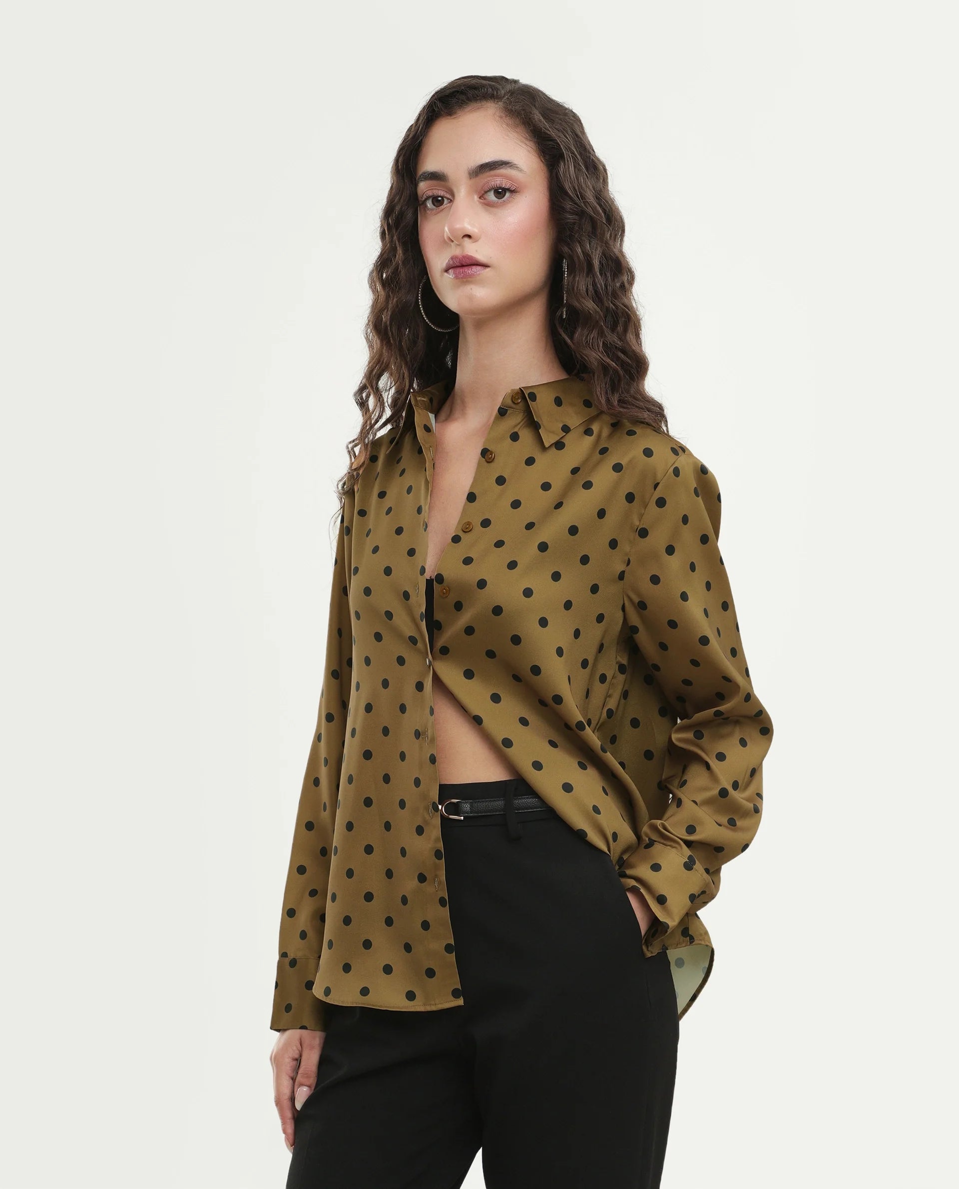 Rareism Women's Polro Olive Polyester Spread Collar Button Relaxed Polka Print Shirt