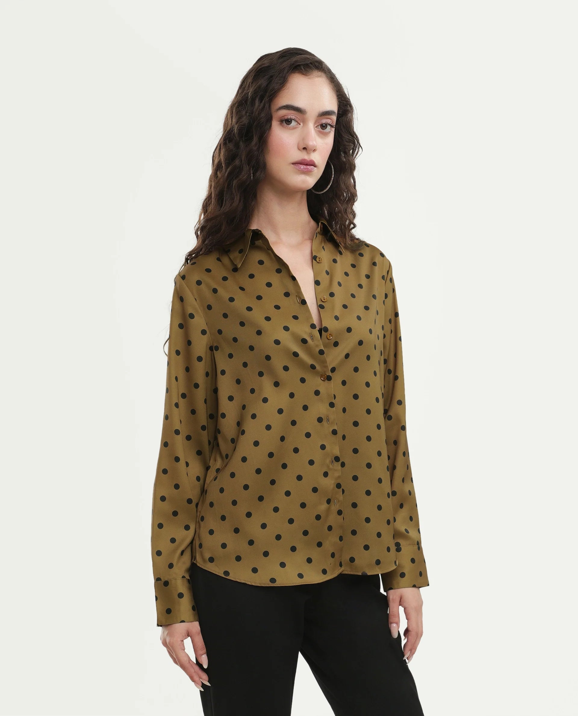 Rareism Women's Polro Olive Polyester Spread Collar Button Relaxed Polka Print Shirt