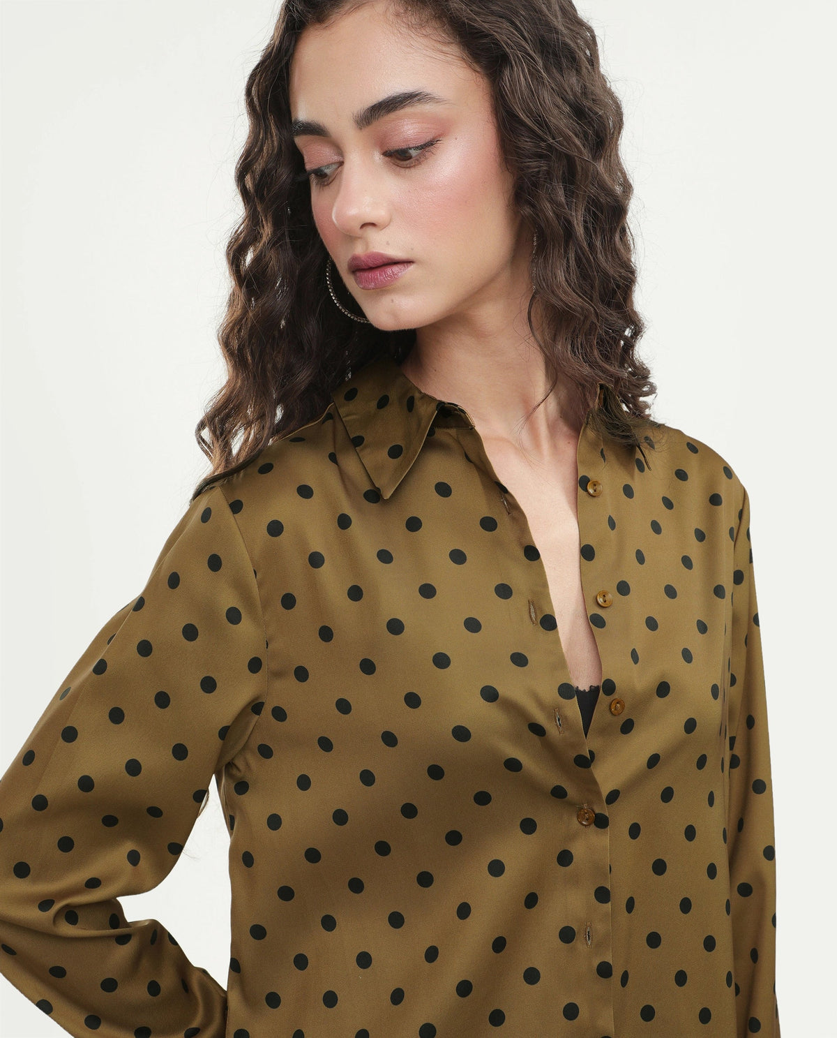 Rareism Women's Pola Beige Polyester Fabric Spread Collar Relaxed Polka Print Shirt