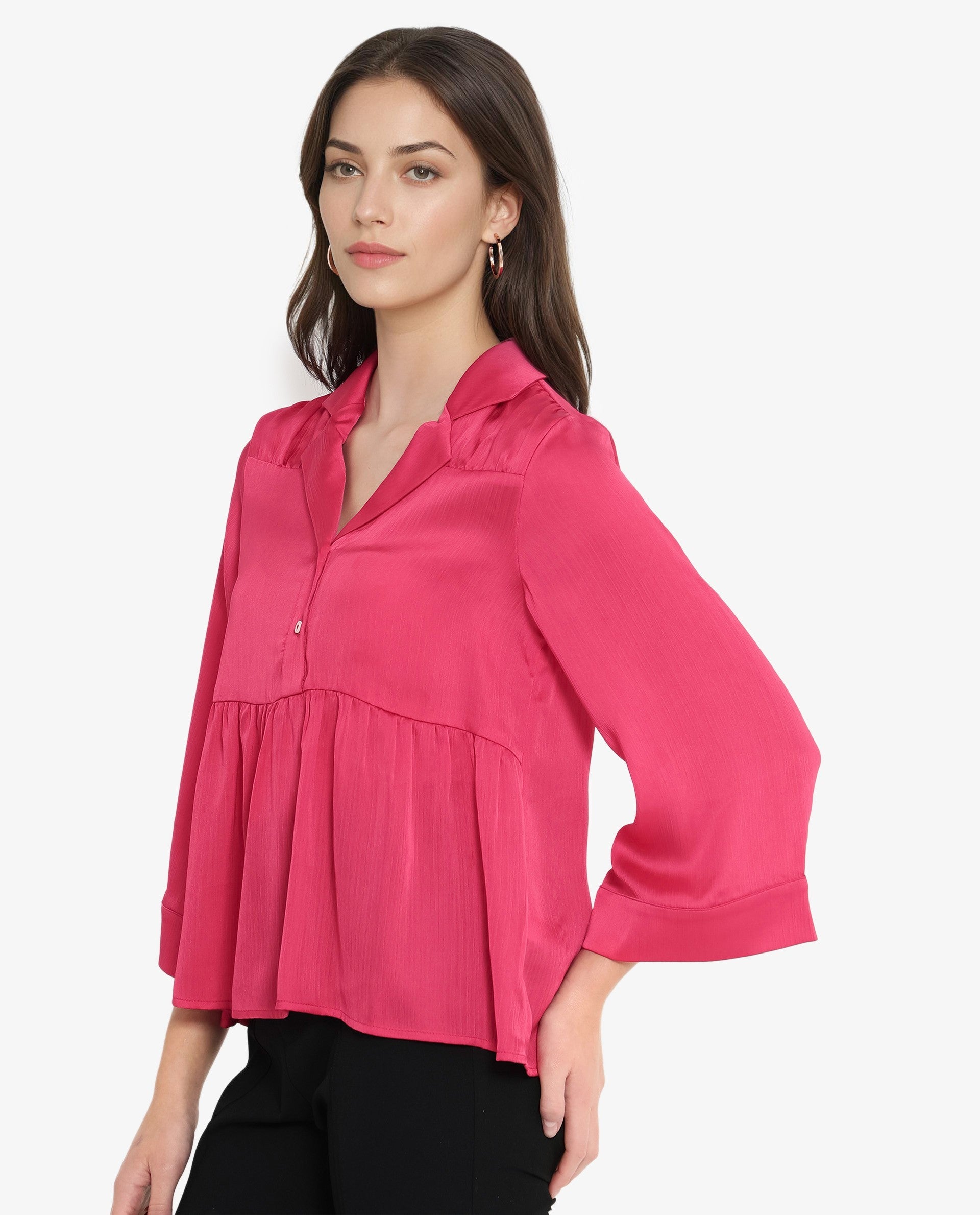 Rareism Women's Pomezia Dark Red Polyester Lapel Neck Plain Regular Fit Top