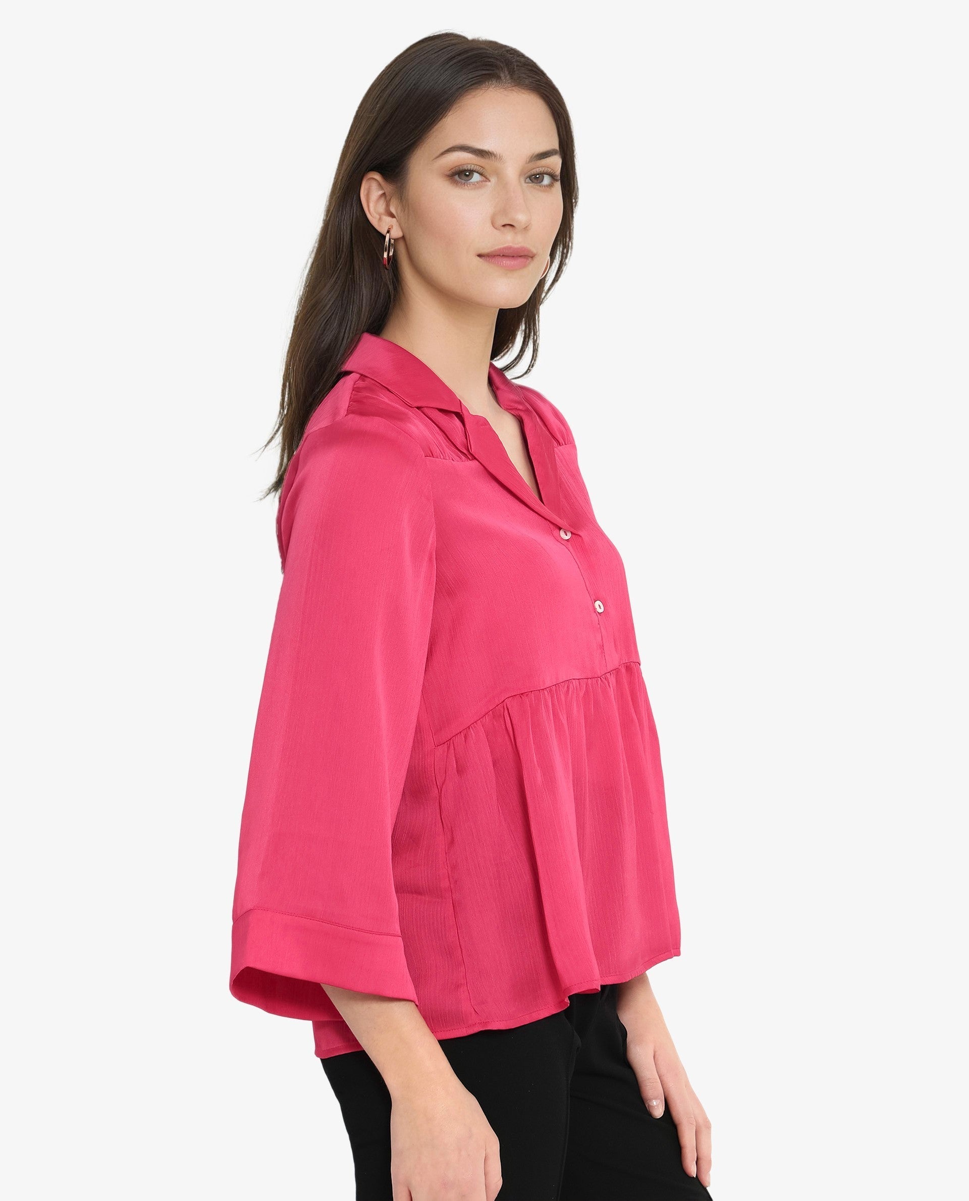 Rareism Women's Pomezia Dark Red Polyester Lapel Neck Plain Regular Fit Top