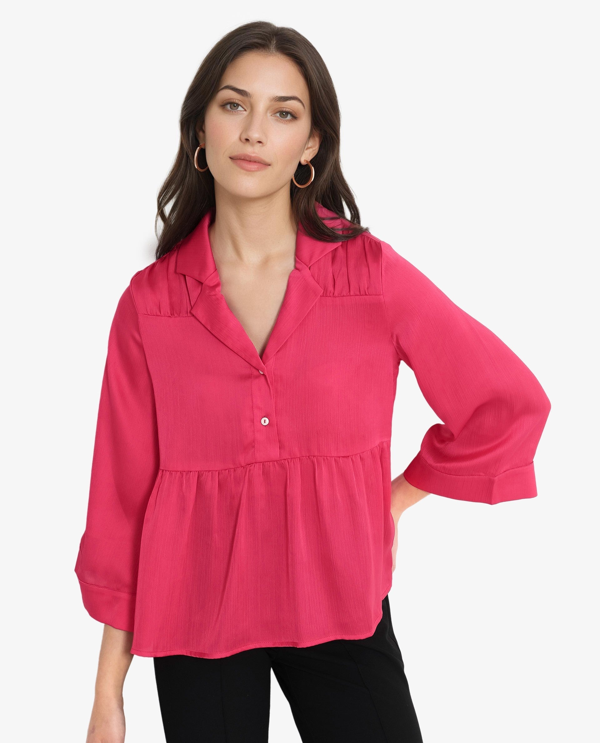 Rareism Women's Pomezia Dark Red Polyester Lapel Neck Plain Regular Fit Top