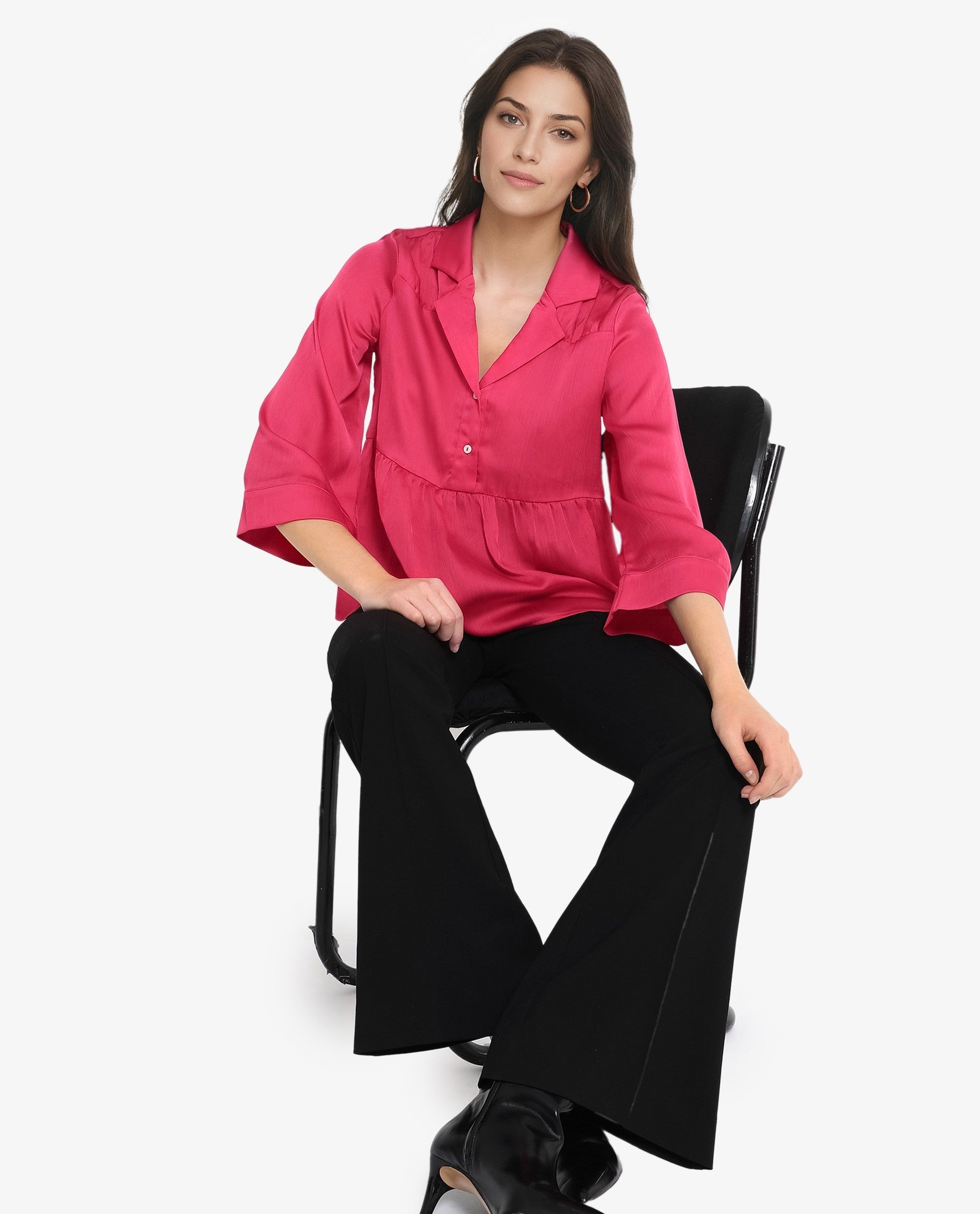 Rareism Women's Pomezia Dark Red Polyester Lapel Neck Plain Regular Fit Top