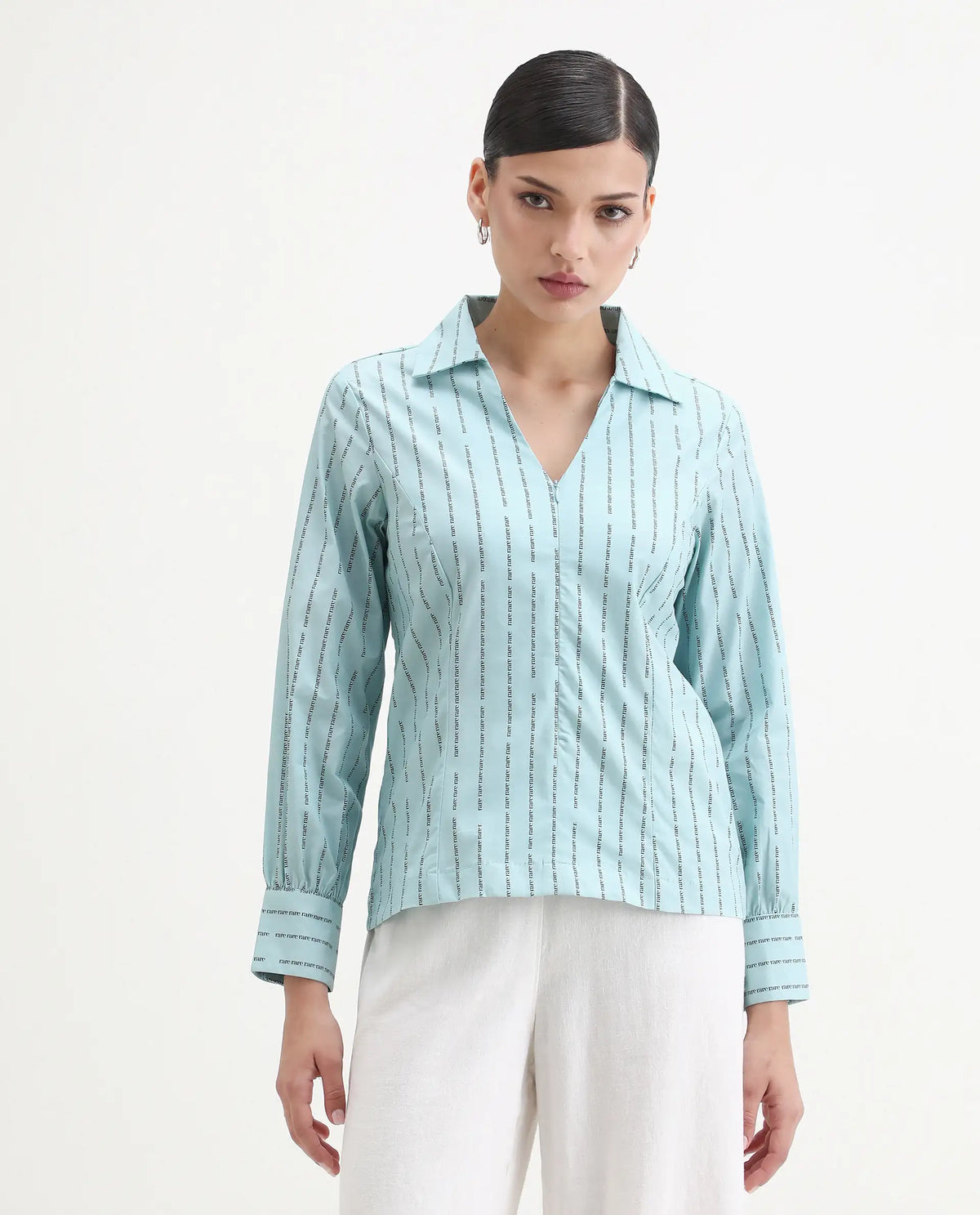 Rareism Women's Pomo Light Blue Cotton Johnny Collar Typography Print Cuffed Sleeve Regular Fit Top