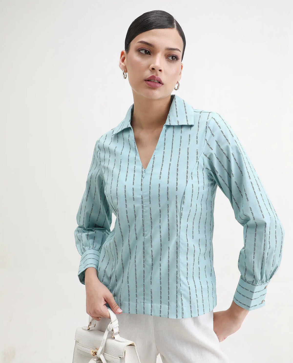 Rareism Women's Pomo Light Blue Cotton Johnny Collar Typography Print Cuffed Sleeve Regular Fit Top