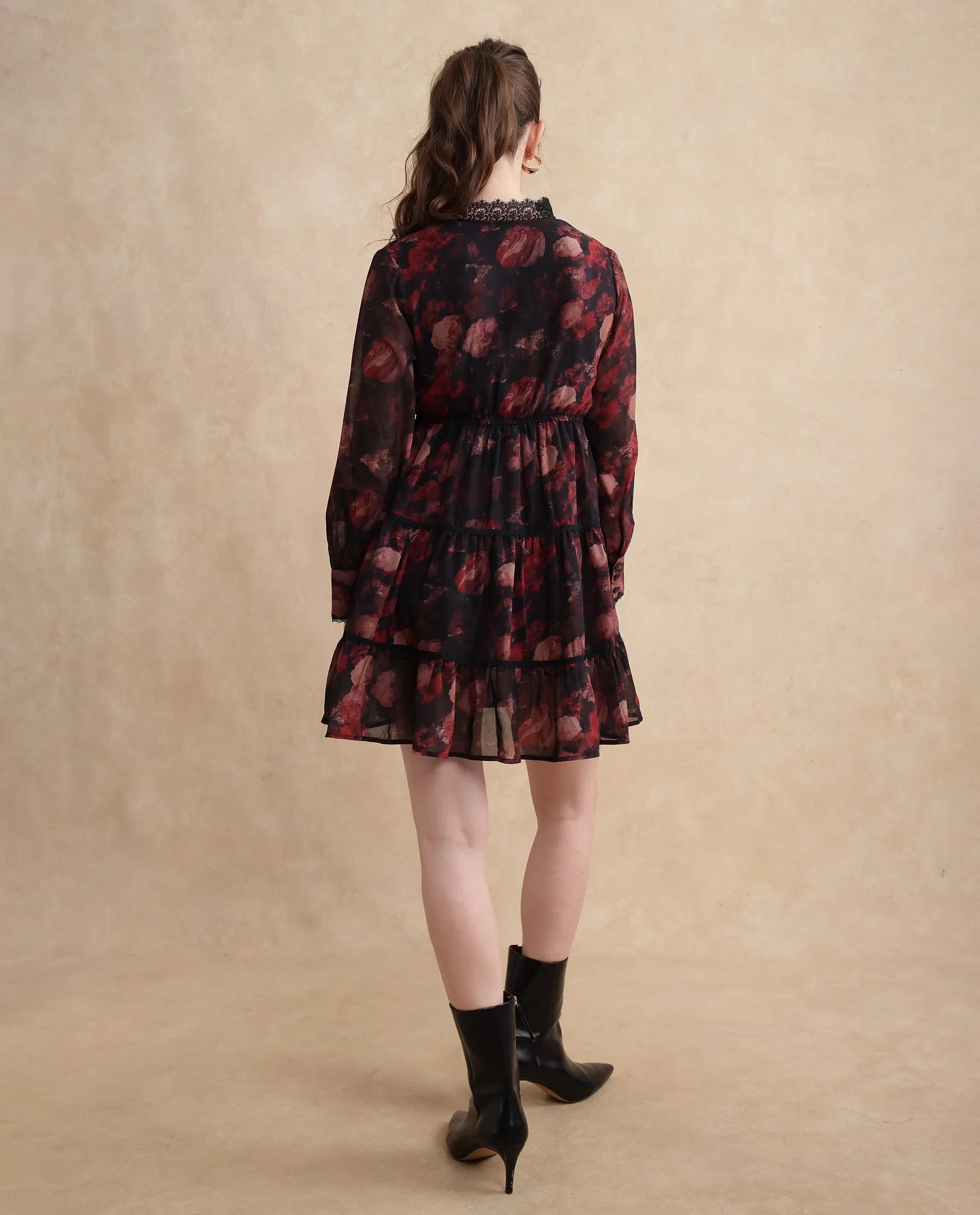 Rareism Women Popoe Dark Multi Knee Length Ruffled Neck Button Closure Fit And Flare Knee Length Floral Print Dress