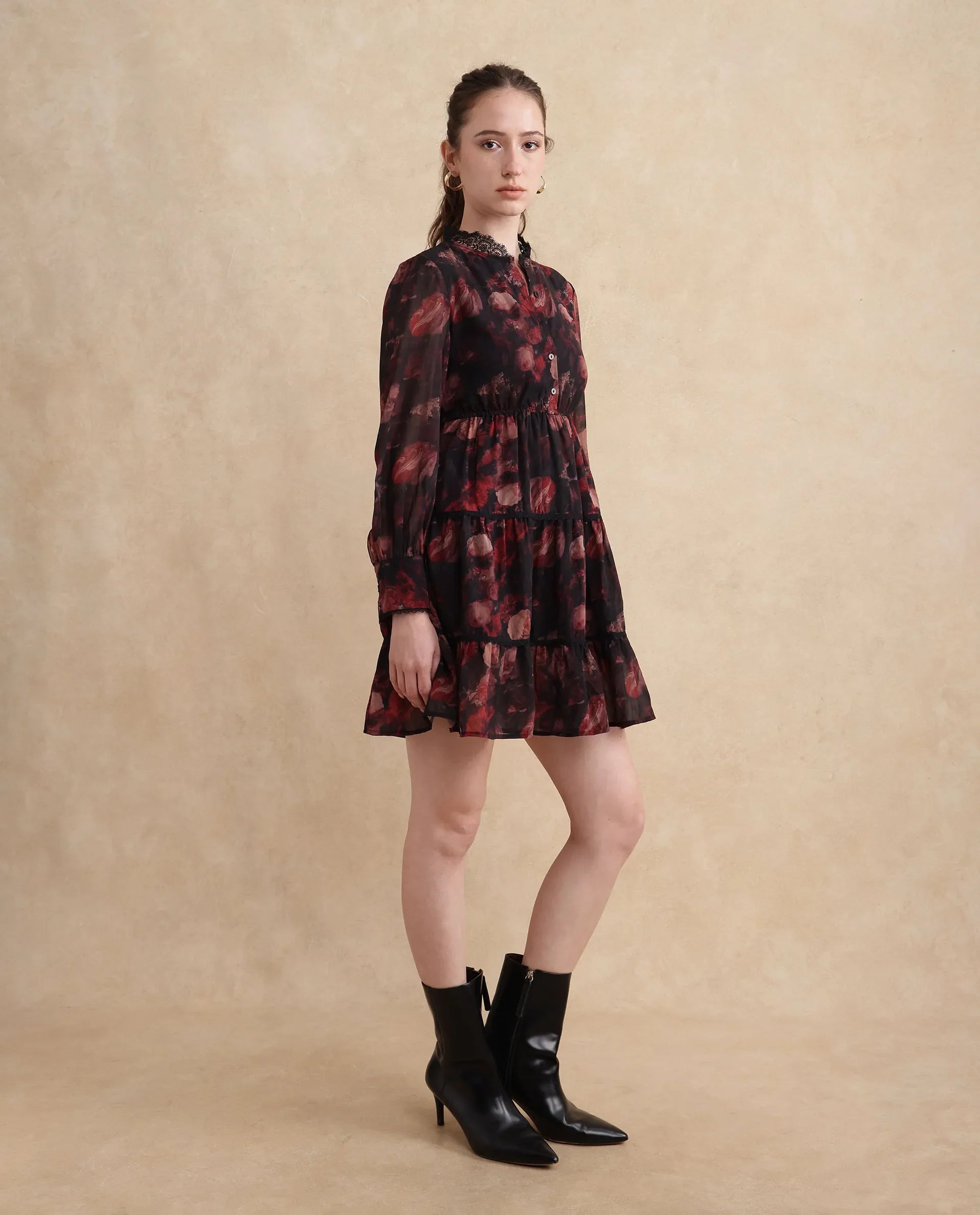 Rareism Women Popoe Dark Multi Knee Length Ruffled Neck Button Closure Fit And Flare Knee Length Floral Print Dress