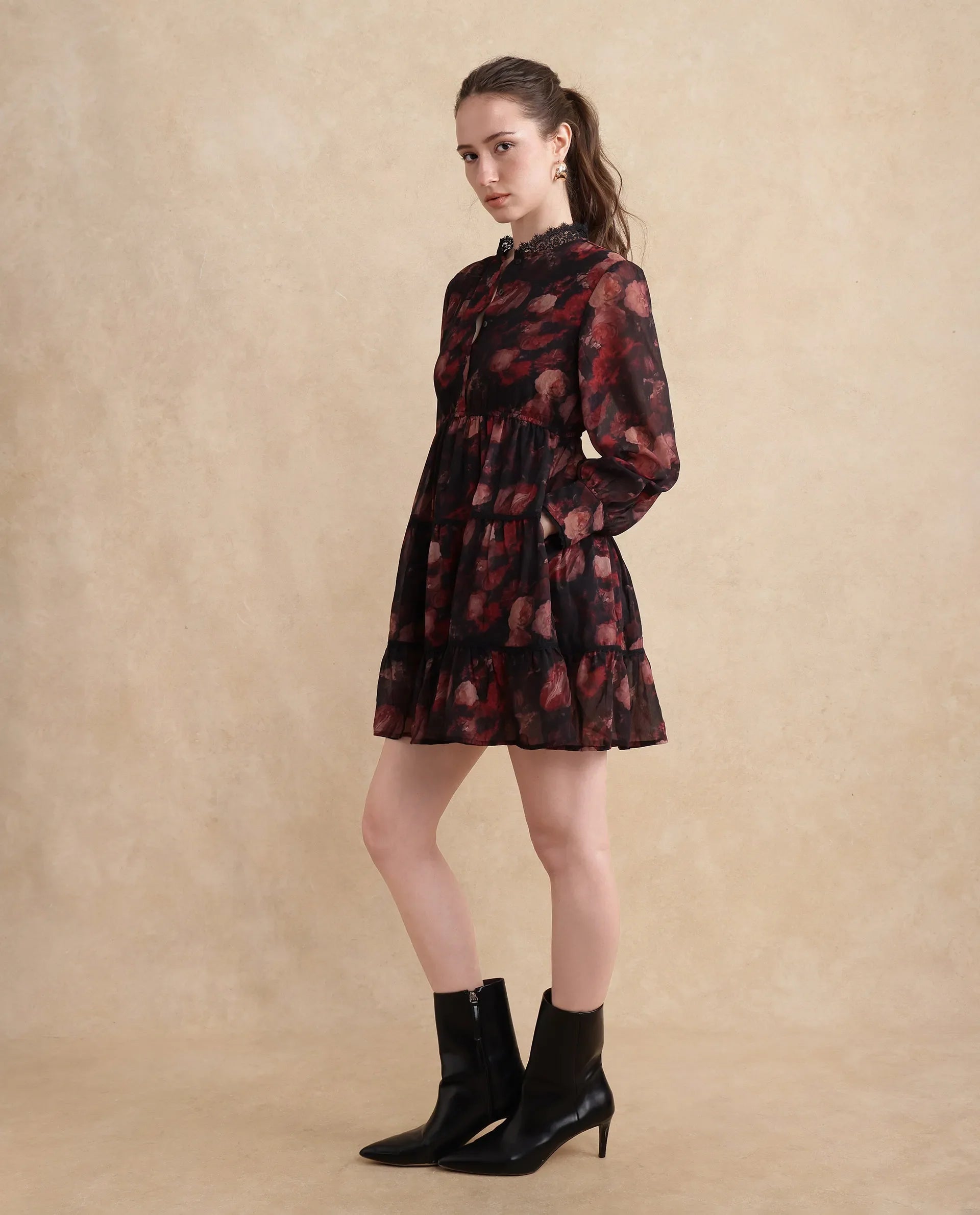 Rareism Women Popoe Dark Multi Knee Length Ruffled Neck Button Closure Fit And Flare Knee Length Floral Print Dress