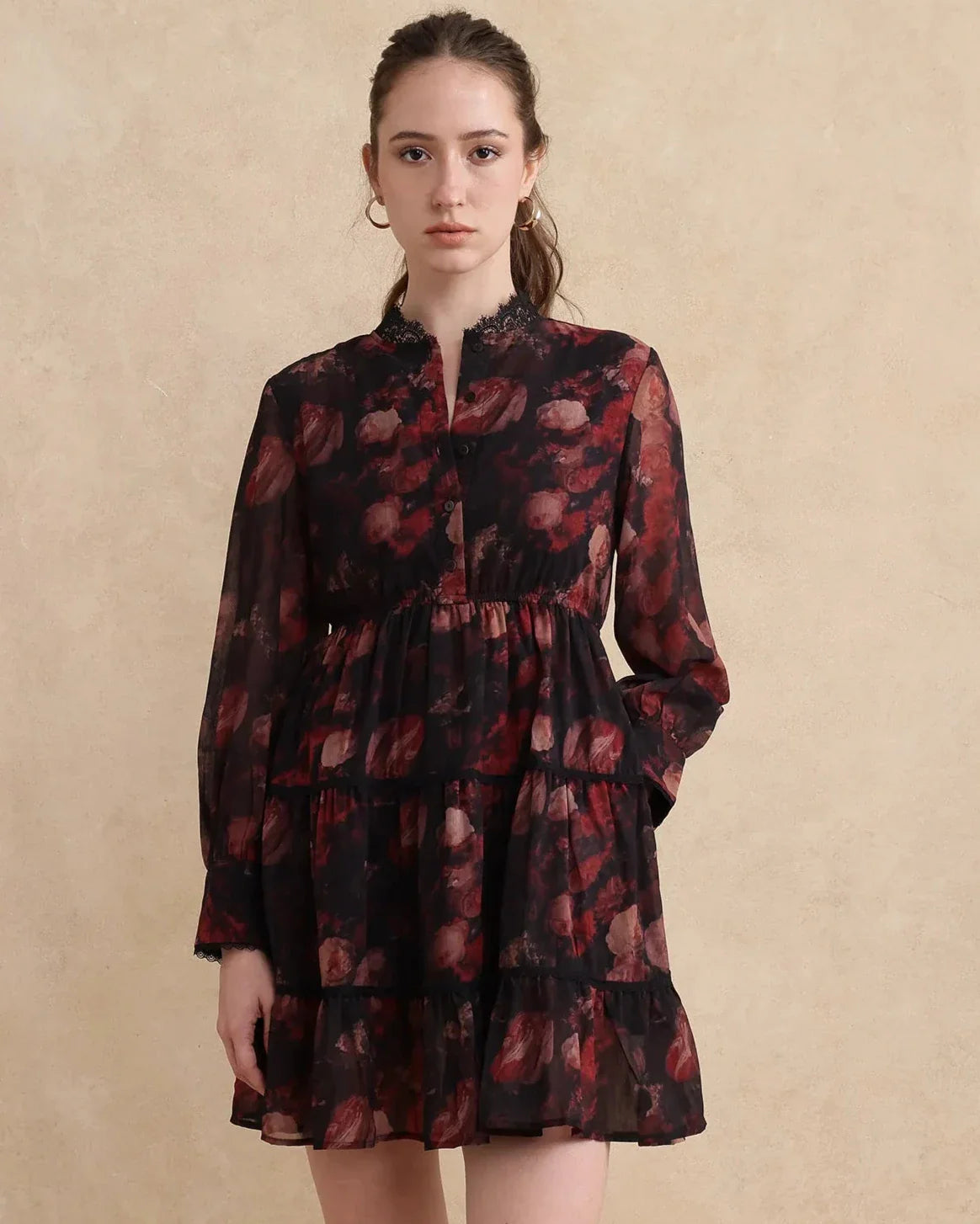 Rareism Women Popoe Dark Multi Knee Length Ruffled Neck Button Closure Fit And Flare Knee Length Floral Print Dress