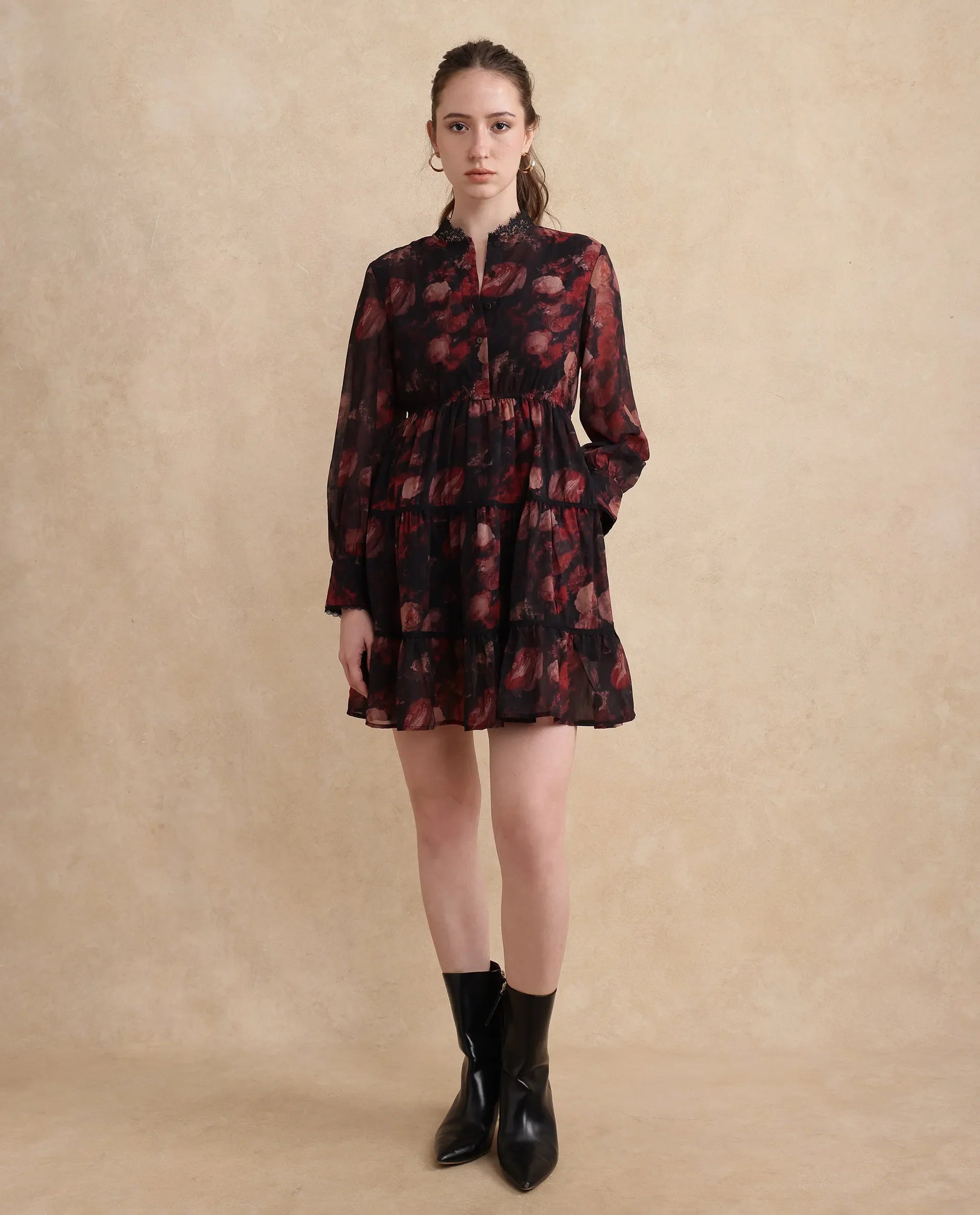 Rareism Women Popoe Dark Multi Knee Length Ruffled Neck Button Closure Fit And Flare Knee Length Floral Print Dress