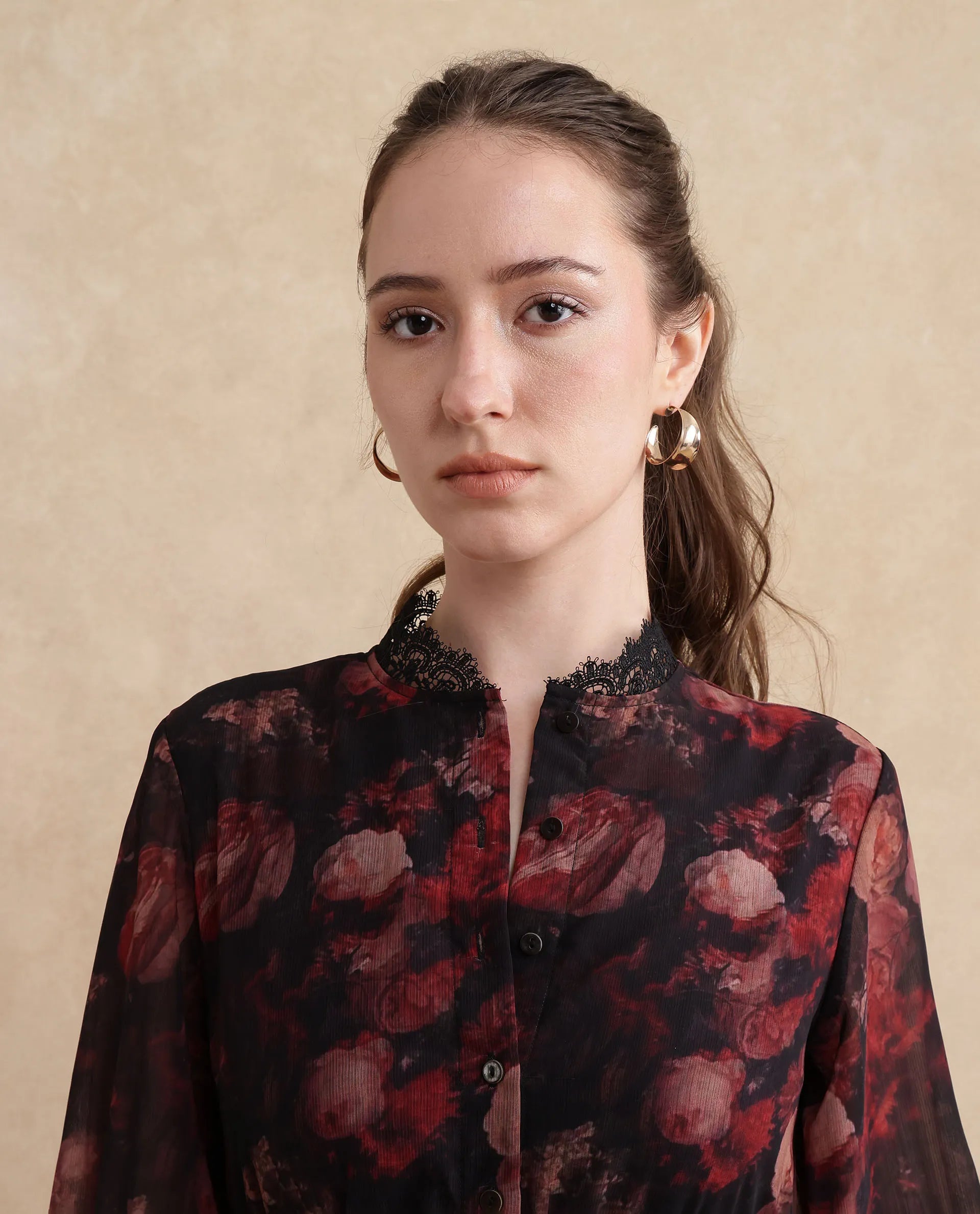 Rareism Women Popoe Dark Multi Knee Length Ruffled Neck Button Closure Fit And Flare Knee Length Floral Print Dress