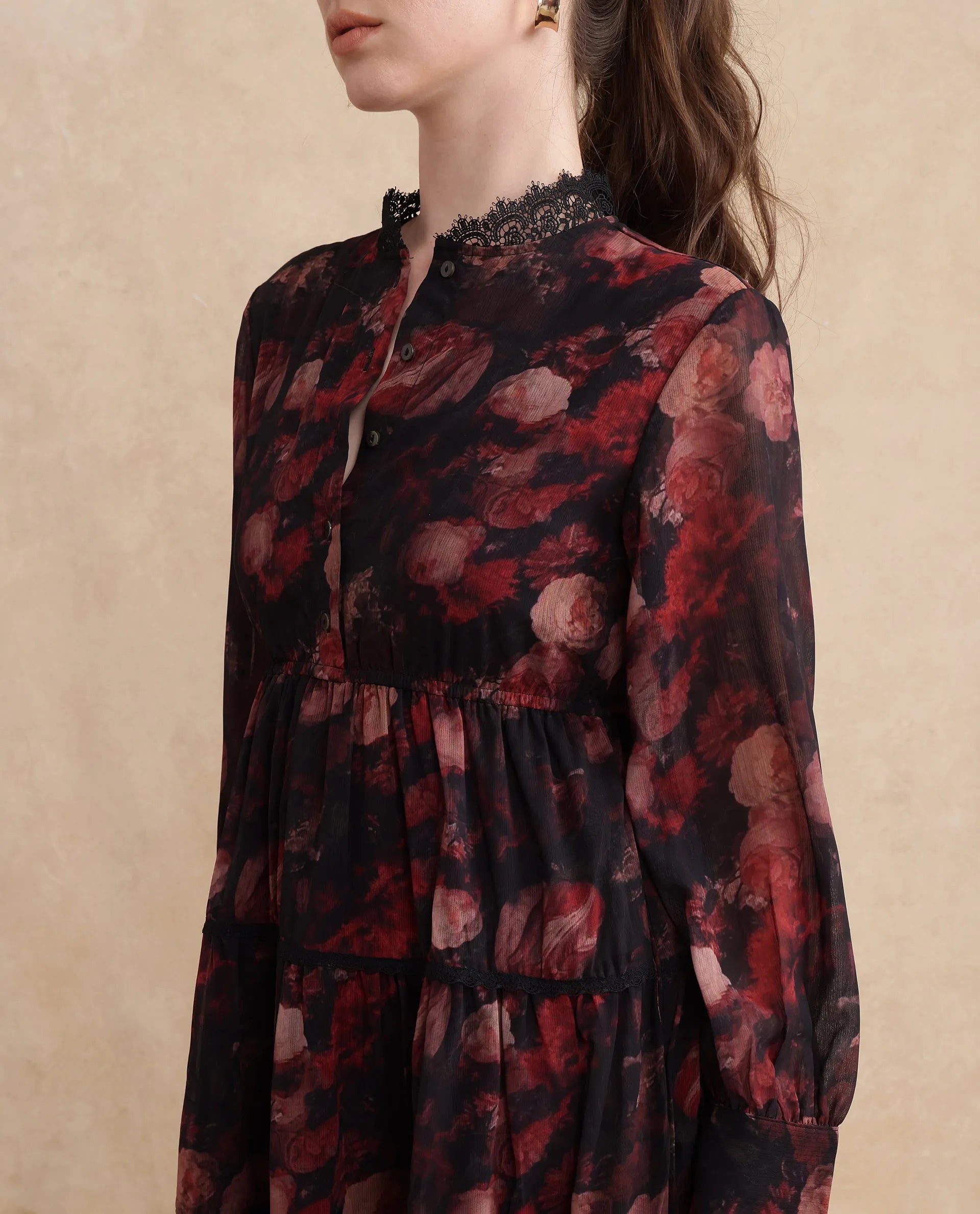 Rareism Women Popoe Dark Multi Knee Length Ruffled Neck Button Closure Fit And Flare Knee Length Floral Print Dress