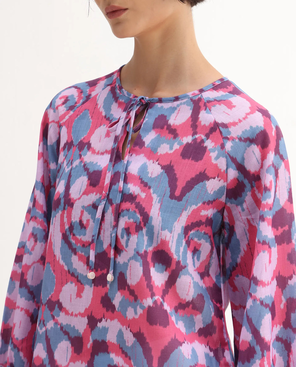 Rareism Women's Portia Multi Linen Tie-Up Neck Abstract Print Raglan Sleeve Regular Fit Top