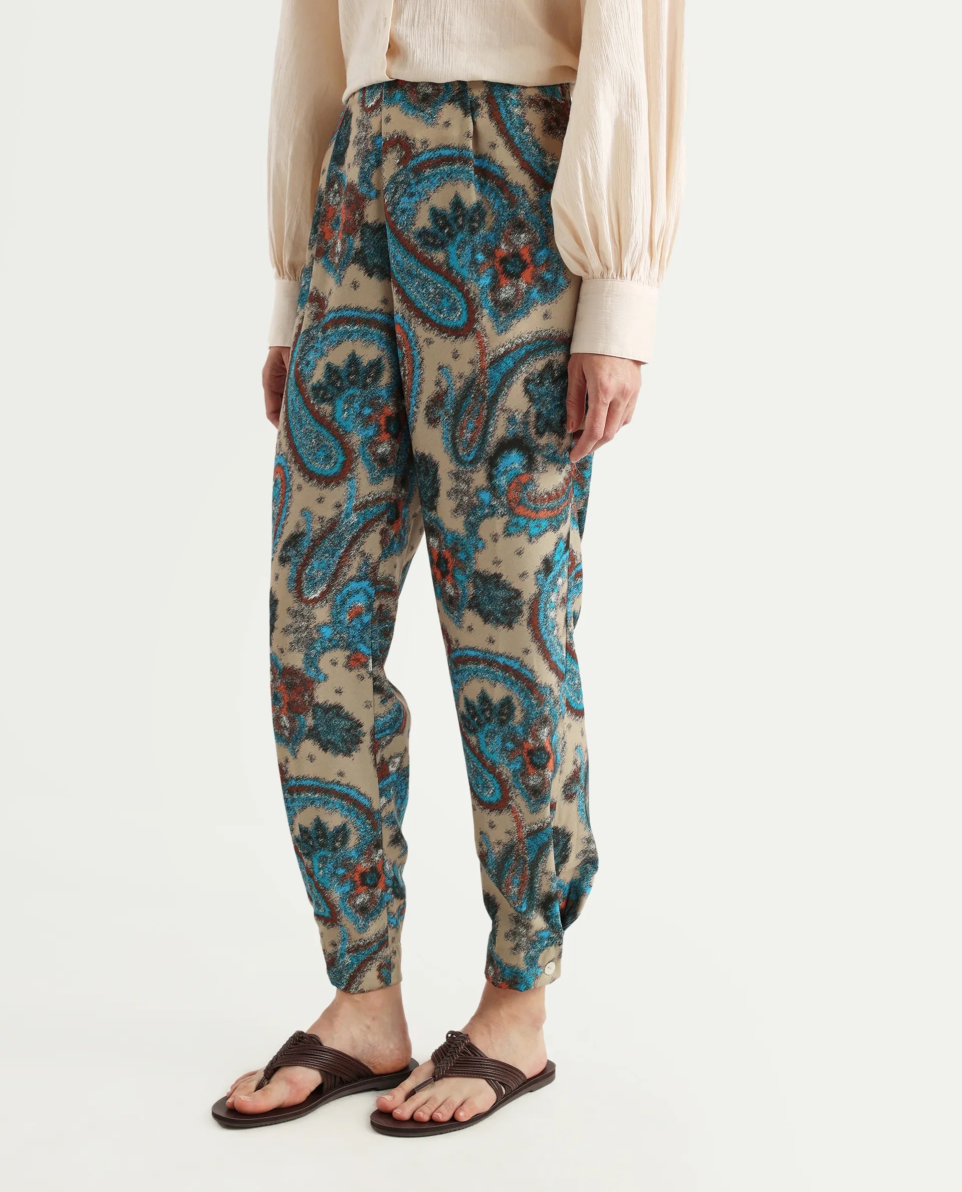 Rareism Women's Posrita Multi Polyester Paisley Print Ankle Length Straight Fit Trouser