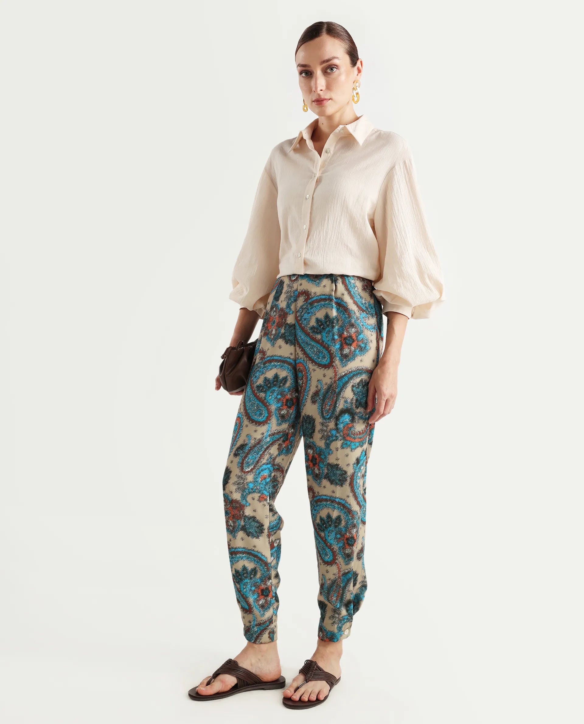 Rareism Women's Posrita Multi Polyester Paisley Print Ankle Length Straight Fit Trouser