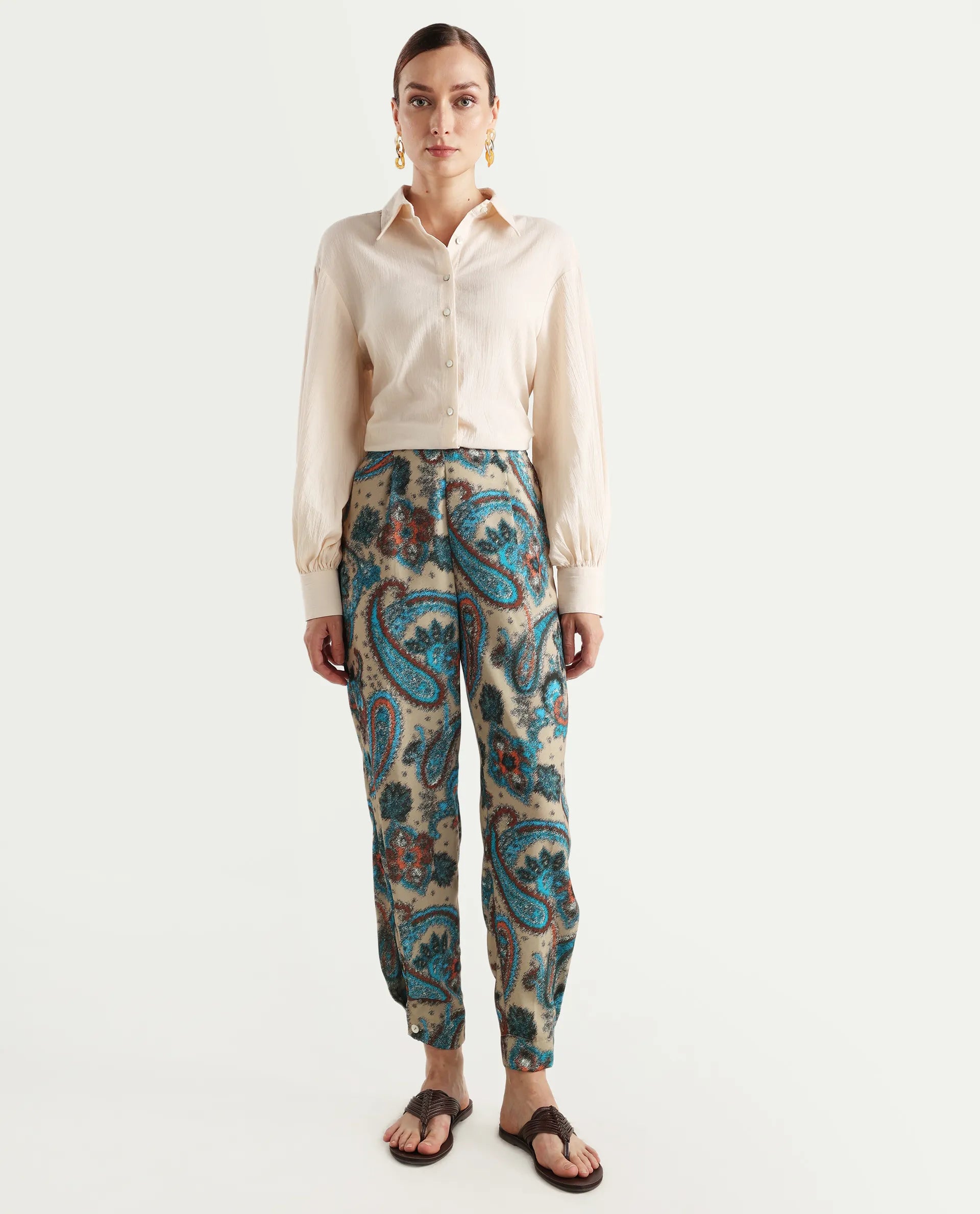Rareism Women's Posrita Multi Polyester Paisley Print Ankle Length Straight Fit Trouser