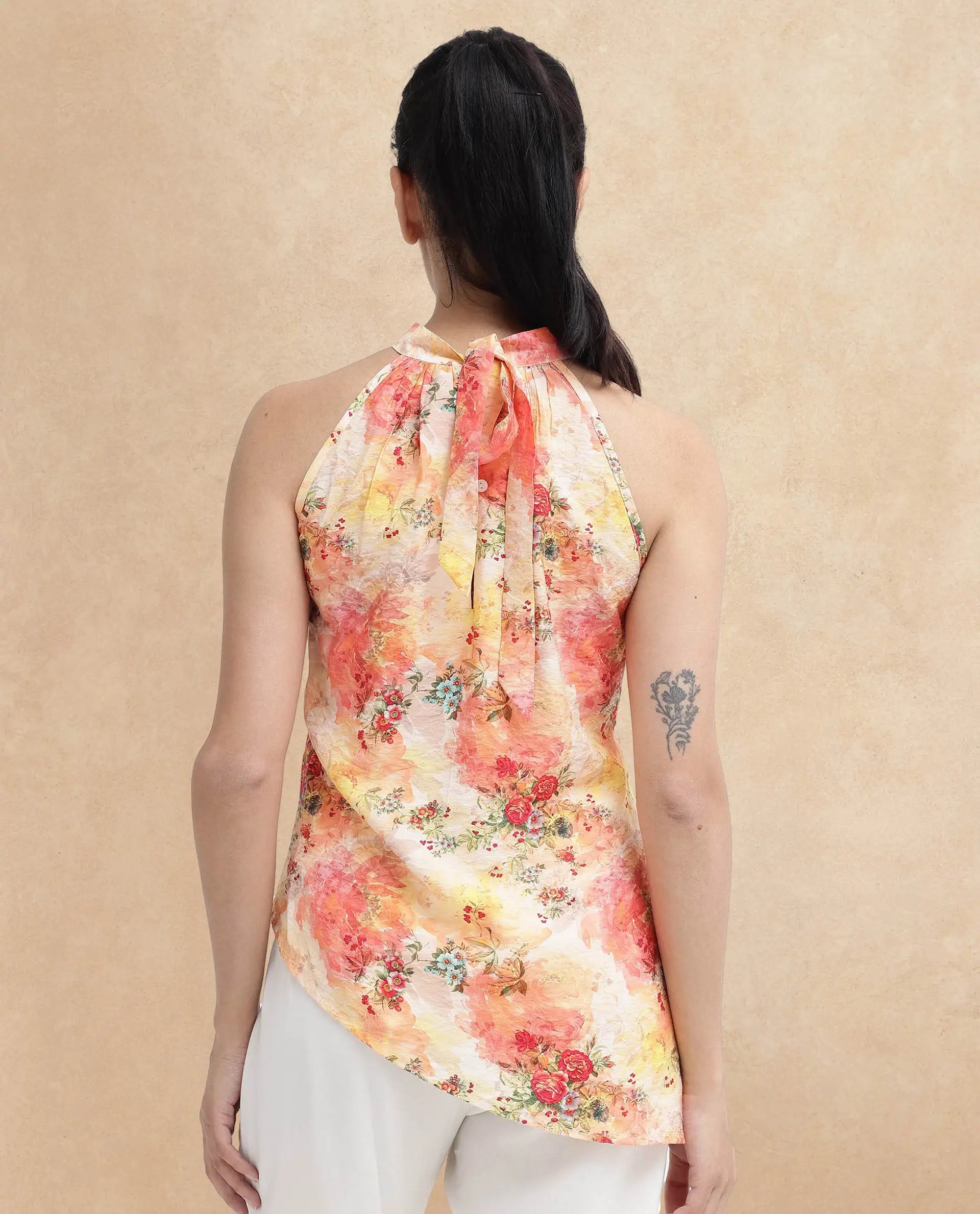 Rareism Women's Potenza Pastel Multi Nylon Blend Halter Neck Floral Print Sleeveless Regular Fit Top