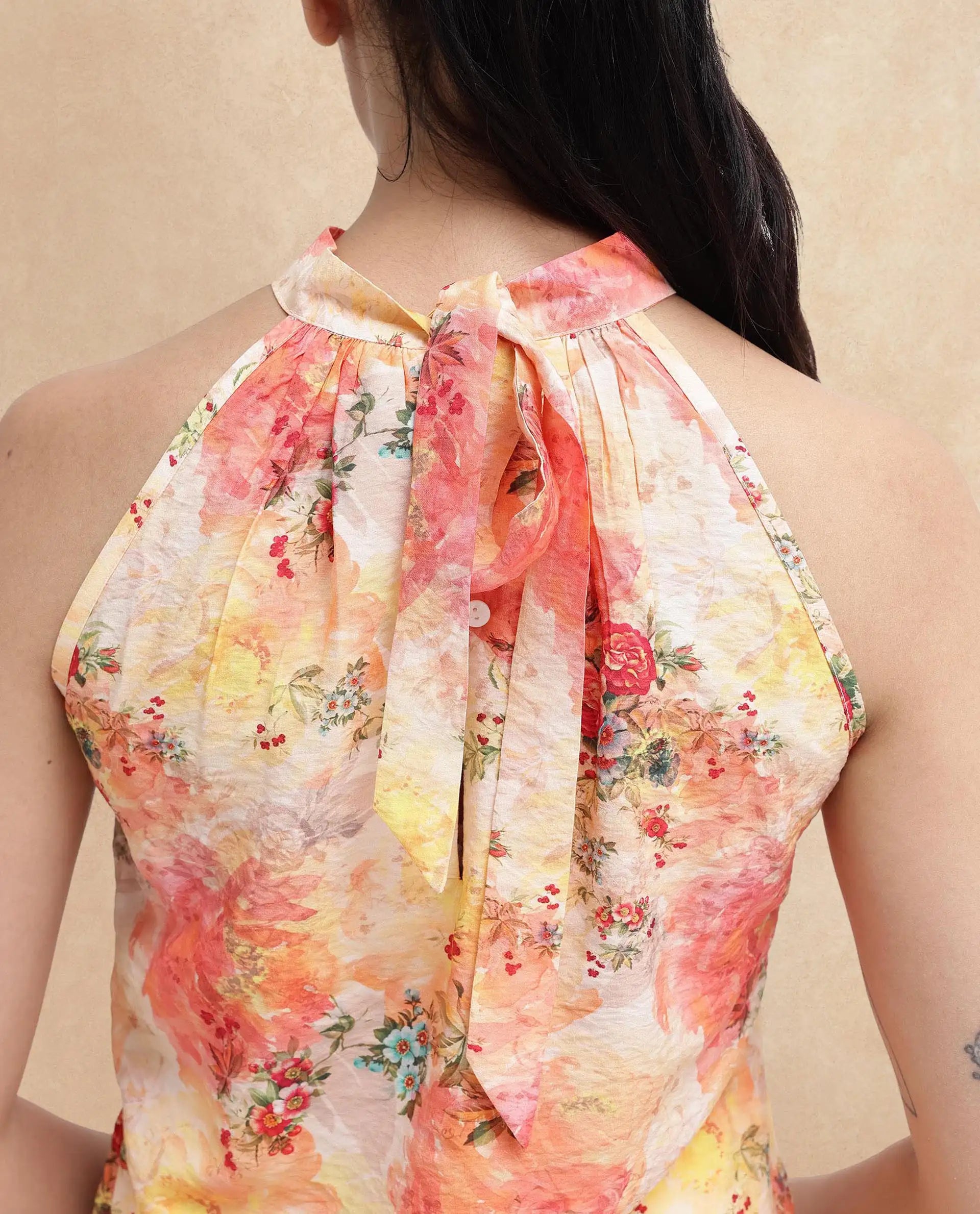 Rareism Women's Potenza Pastel Multi Nylon Blend Halter Neck Floral Print Sleeveless Regular Fit Top