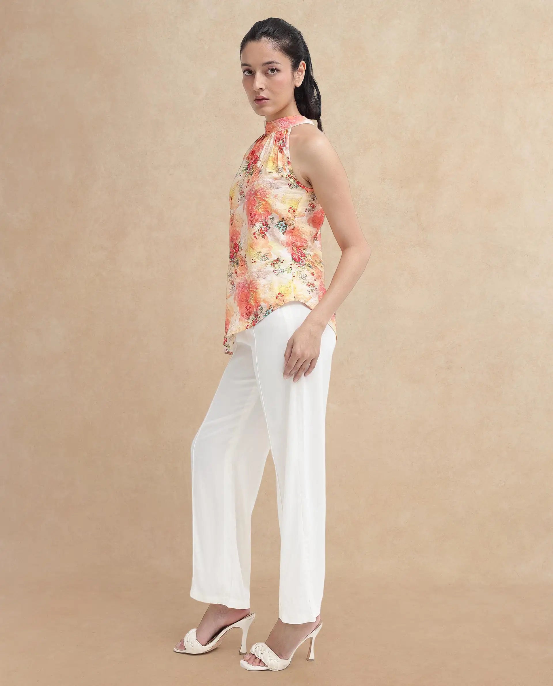 Rareism Women's Potenza Pastel Multi Nylon Blend Halter Neck Floral Print Sleeveless Regular Fit Top
