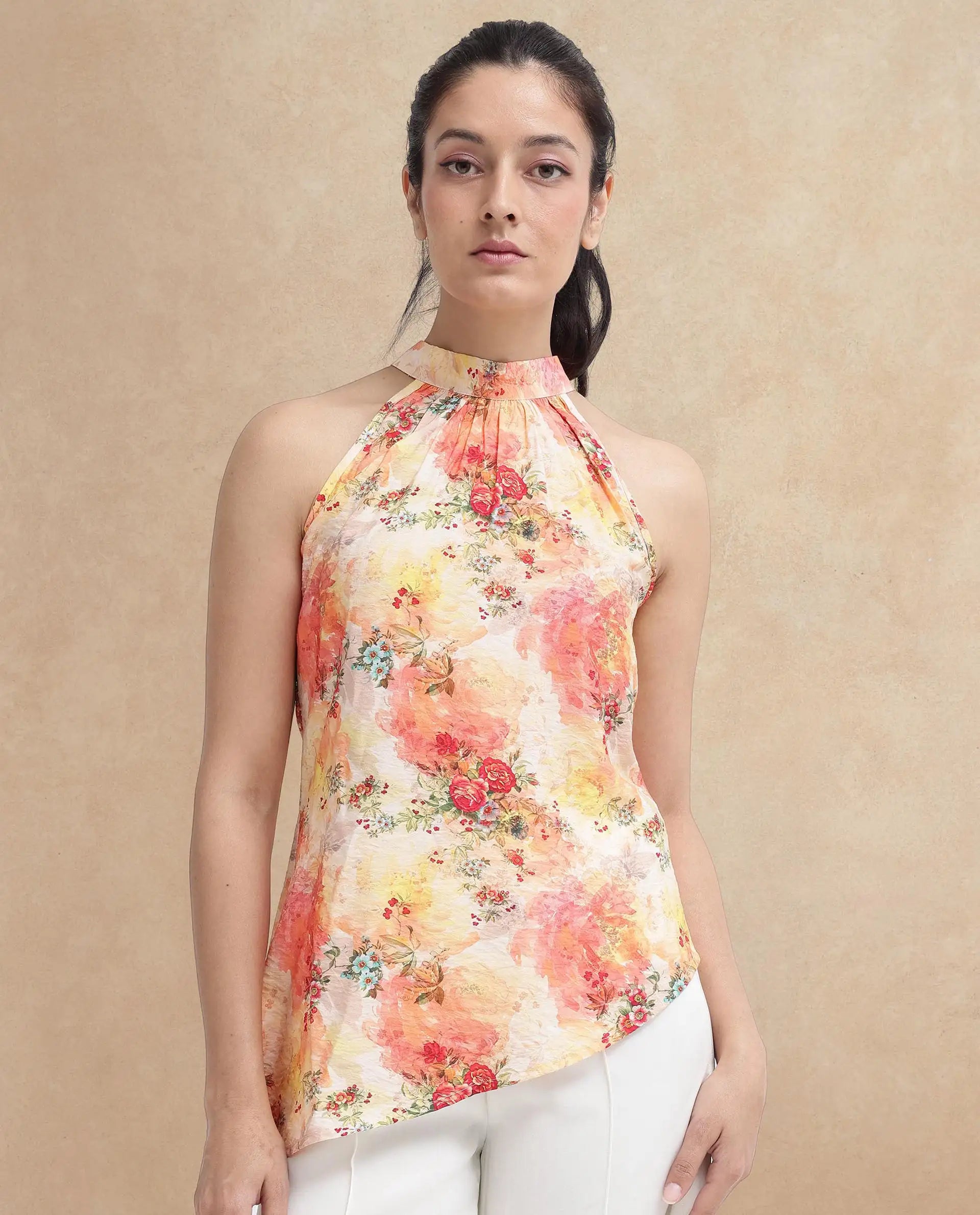 Rareism Women's Potenza Pastel Multi Nylon Blend Halter Neck Floral Print Sleeveless Regular Fit Top