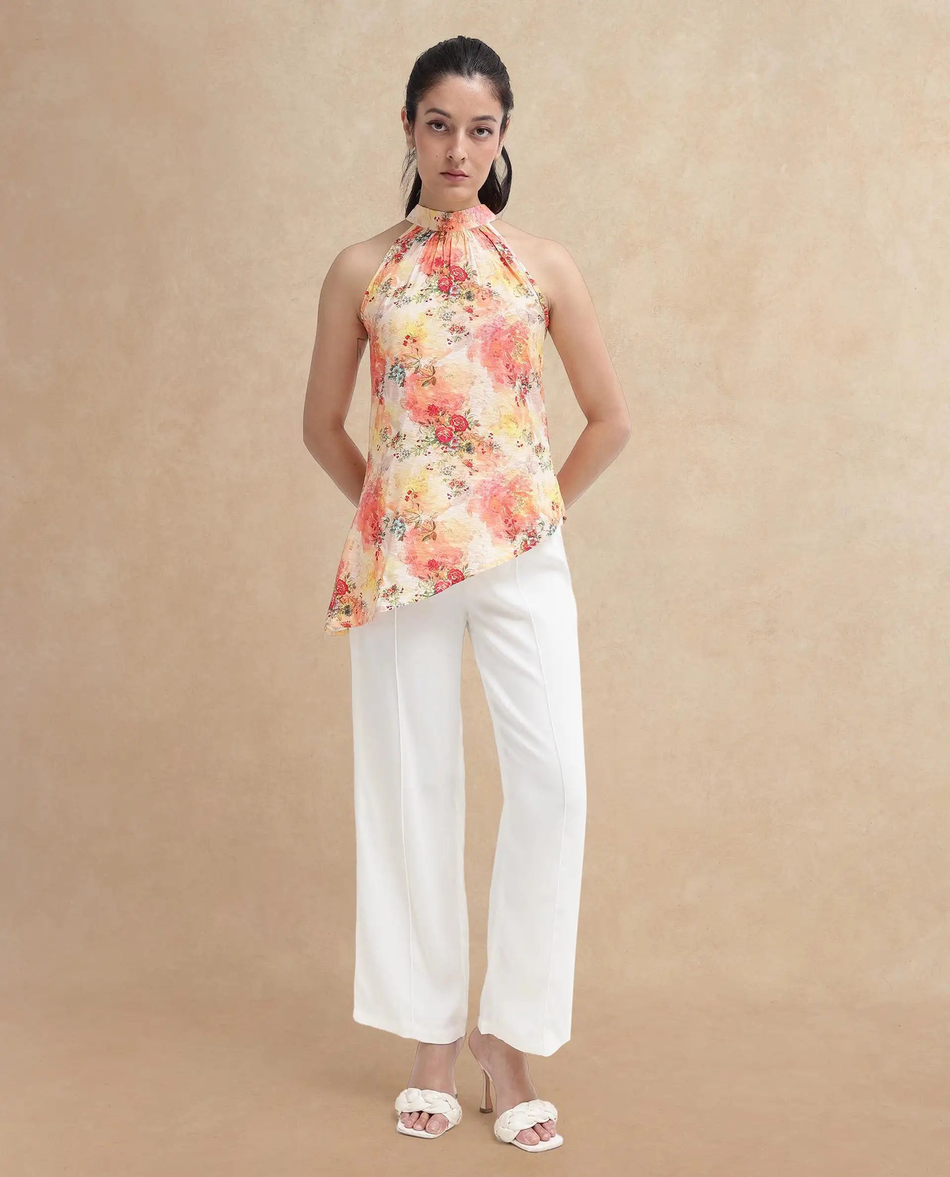 Rareism Women's Potenza Pastel Multi Nylon Blend Halter Neck Floral Print Sleeveless Regular Fit Top