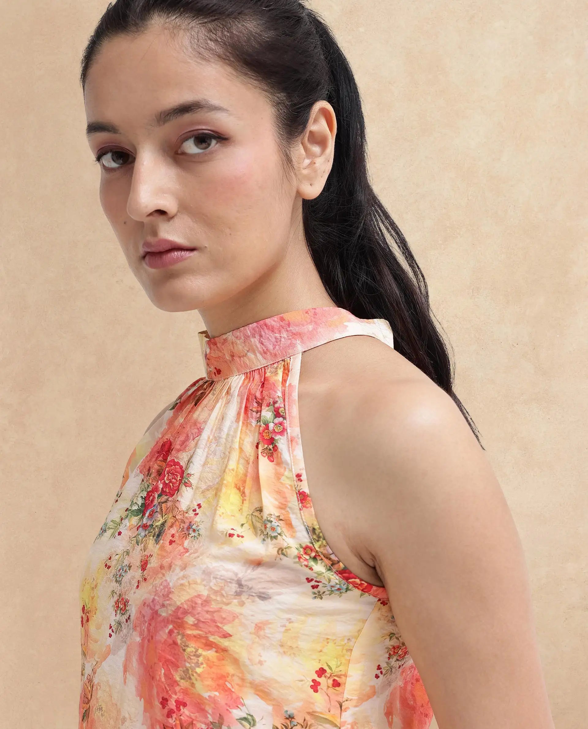 Rareism Women's Potenza Pastel Multi Nylon Blend Halter Neck Floral Print Sleeveless Regular Fit Top
