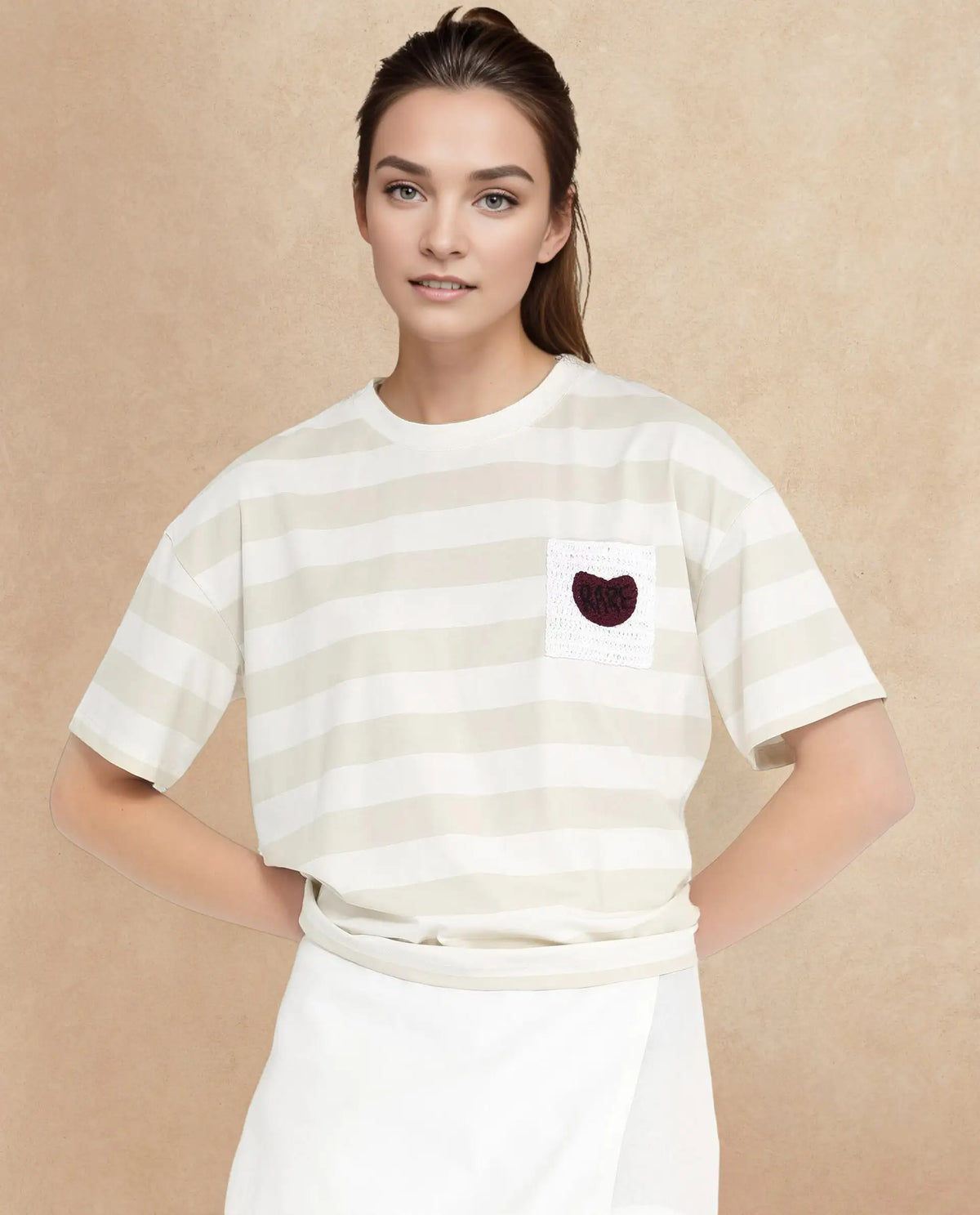 Rareism Women's Prandant Off White Cotton Blend Crew Neck Striped Boxy Fit T-Shirt
