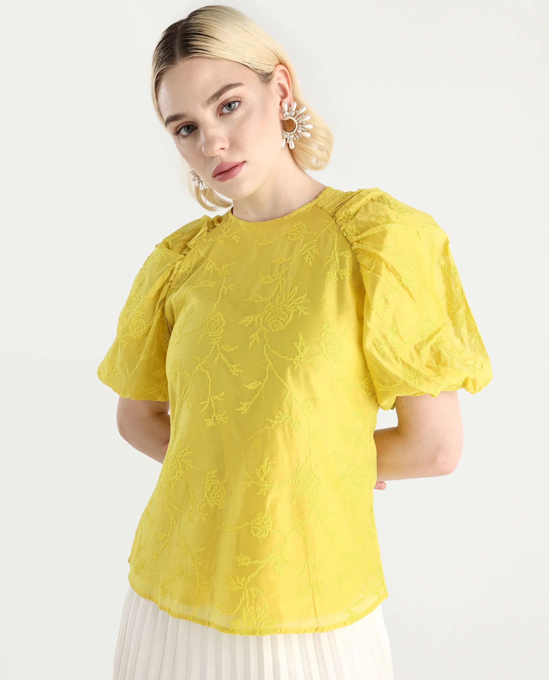 Rareism Women's Prebo Green Viscose Blend Mandarin Collar Plain Balloon Sleeve Regular Fit Top