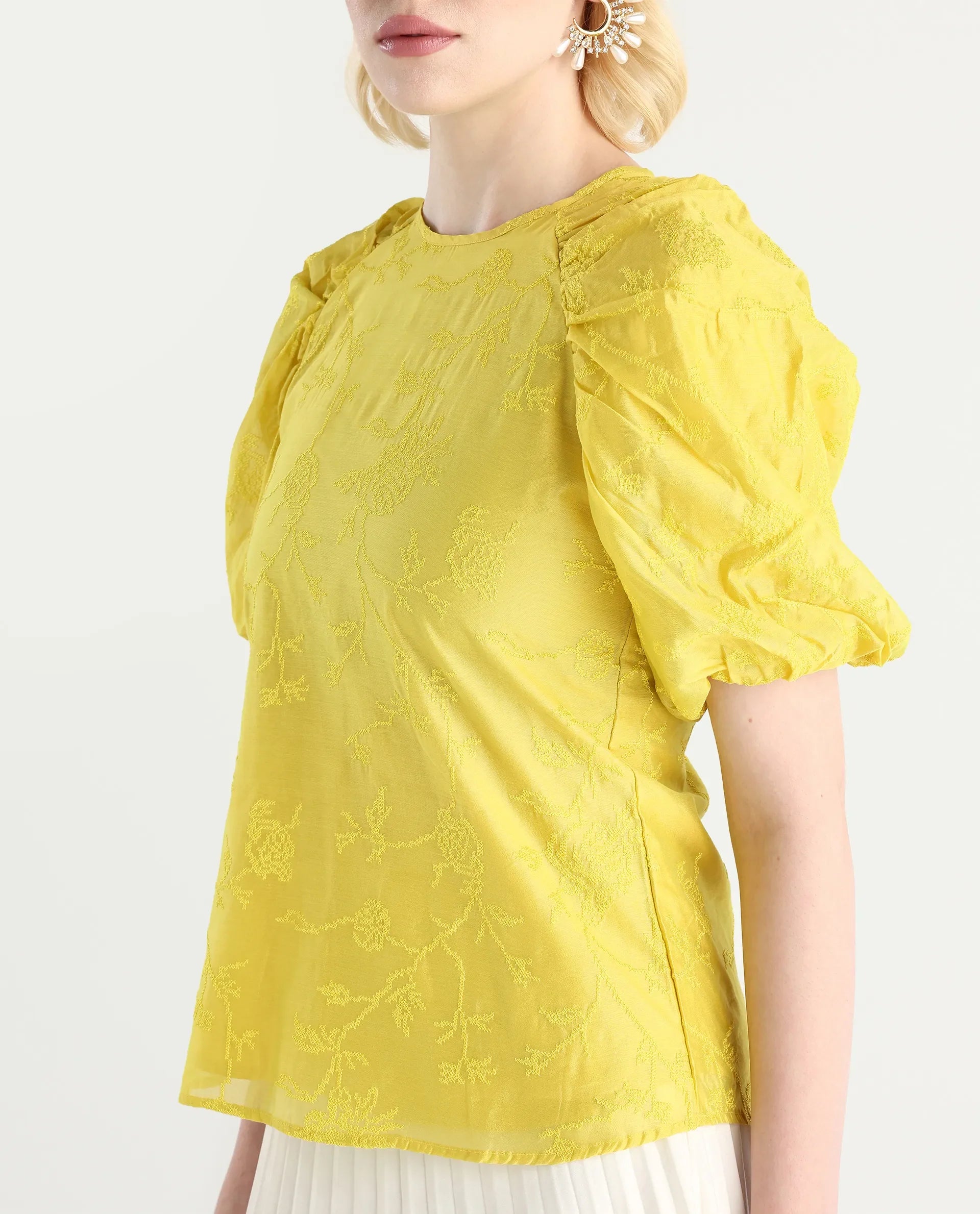 Rareism Women's Prebo Green Viscose Blend Mandarin Collar Plain Balloon Sleeve Regular Fit Top