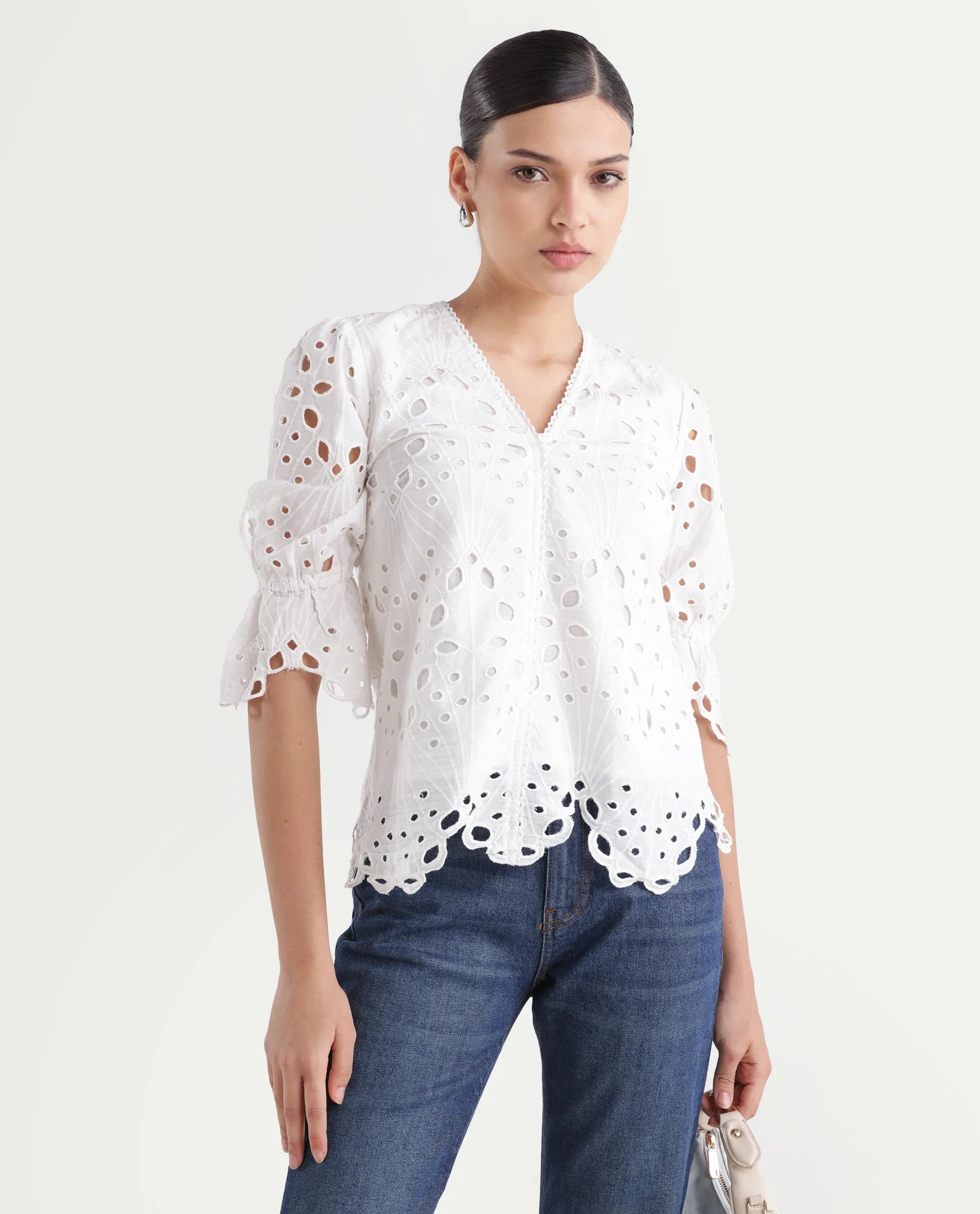 Rareism Women's Prefern White Cotton V-Neck Plain Puff Sleeves Regular Fit Top