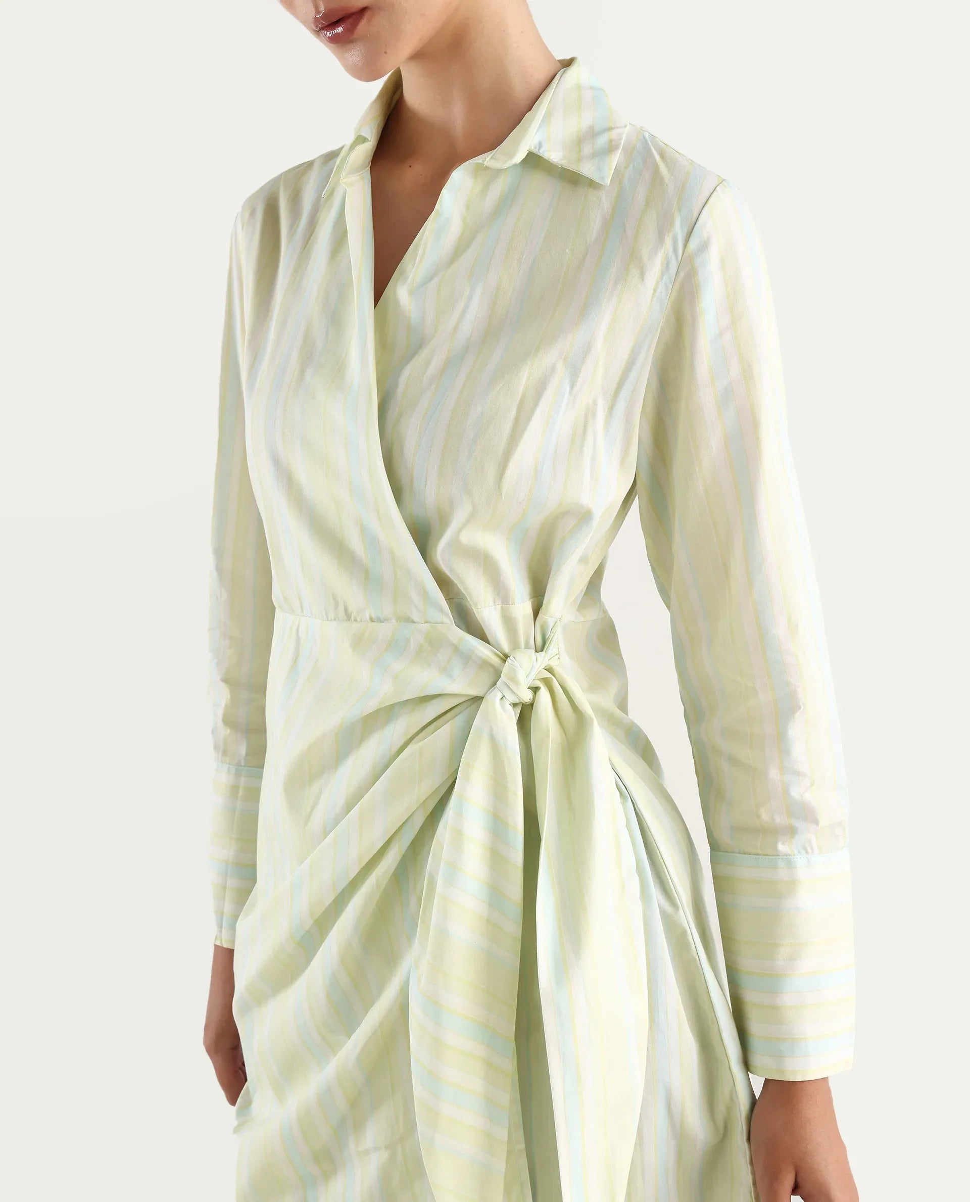 Rareism Women's Pregun Multi Cotton Johnny Collar Striped Mini Straight Fit Dress