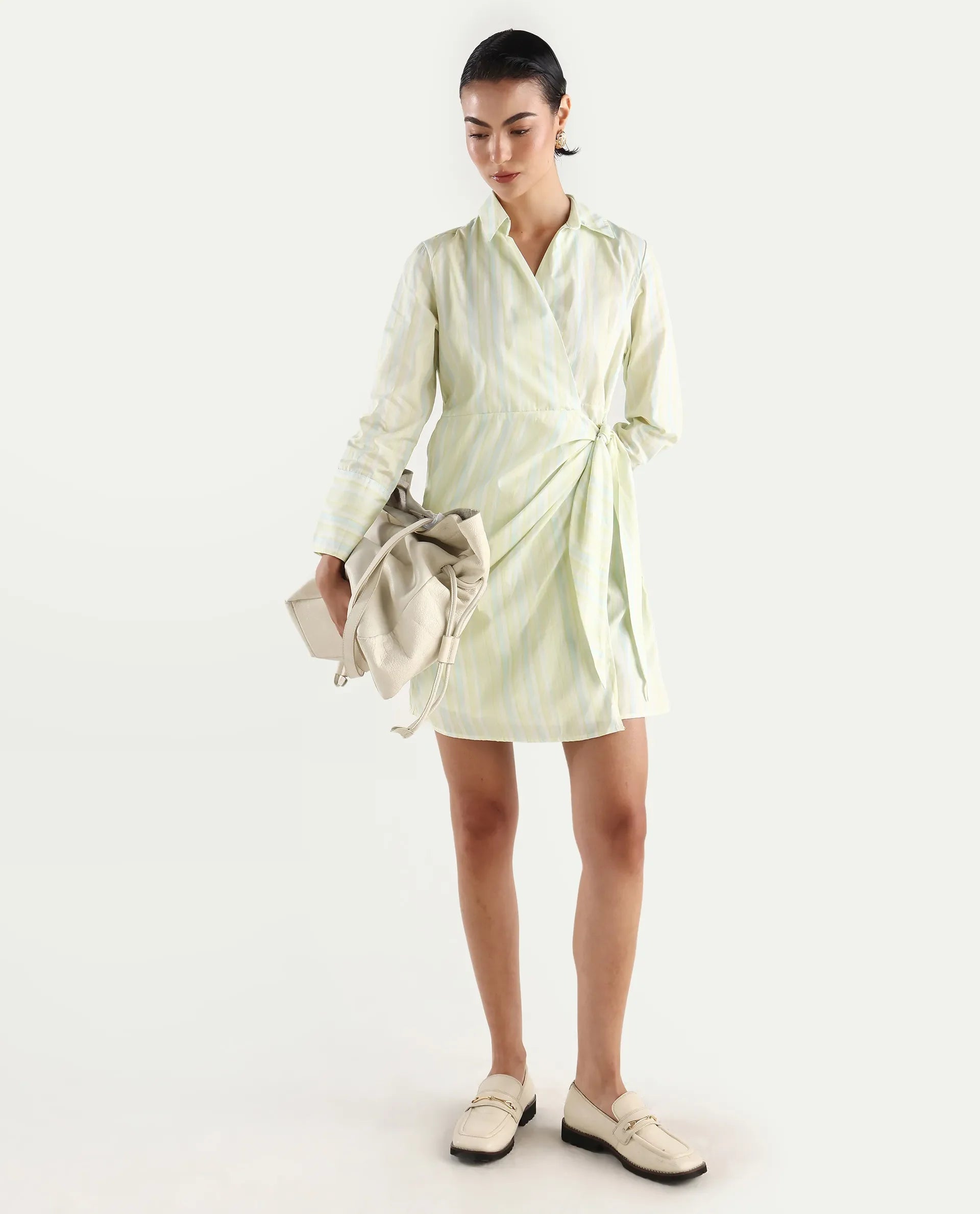 Rareism Women's Pregun Multi Cotton Johnny Collar Striped Mini Straight Fit Dress