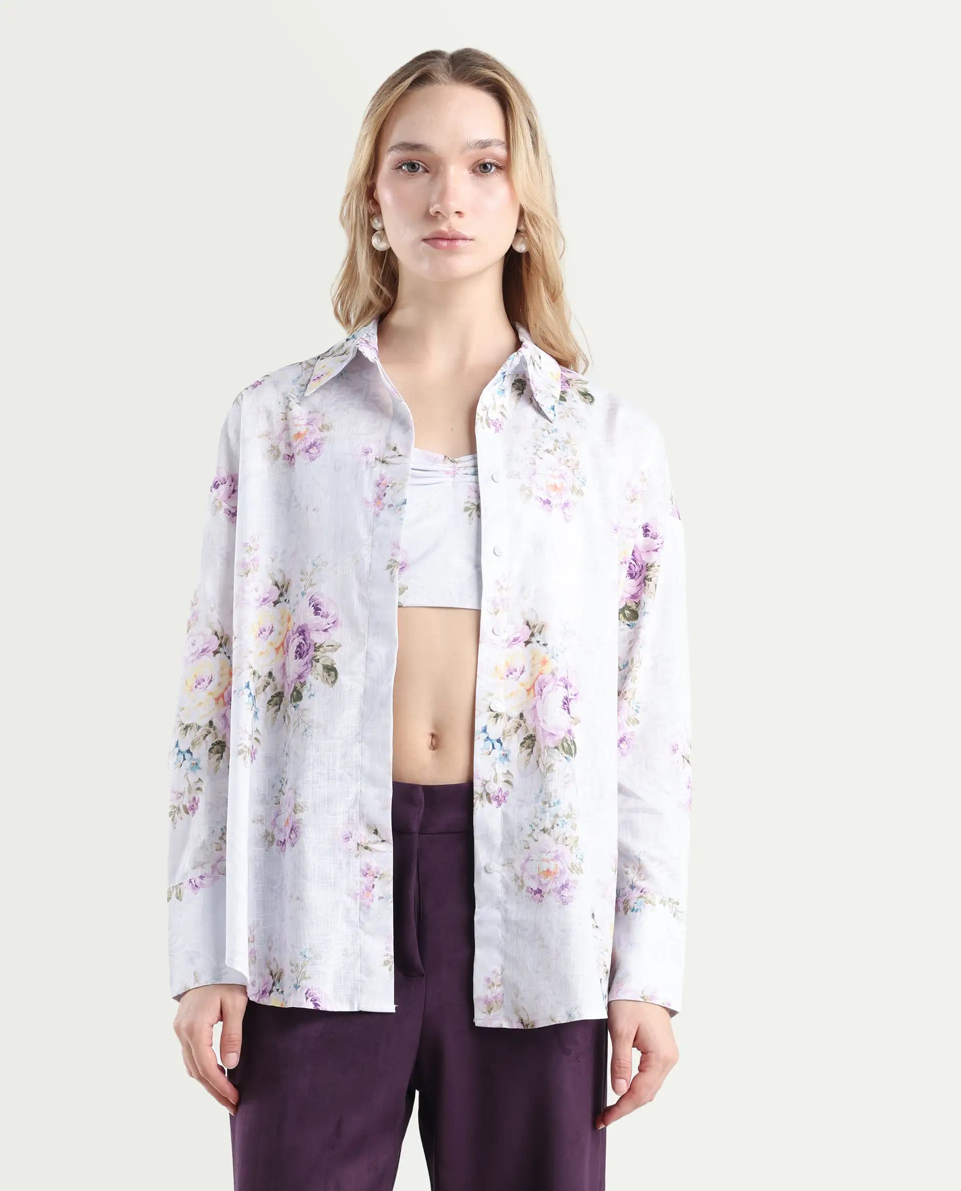 Rareism Women's Preguy Multi Cotton Spread Collar Floral Print Cuffed Sleeve Regular Fit Shirt