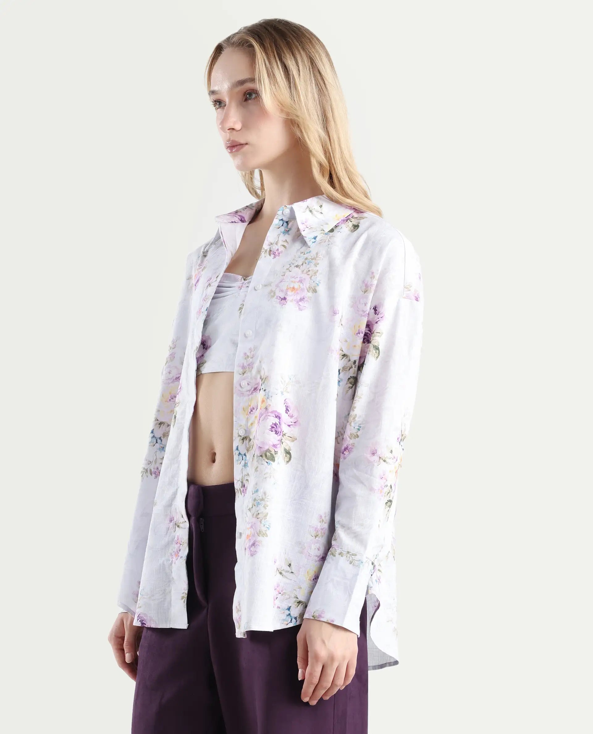 Rareism Women's Preguy Multi Cotton Spread Collar Floral Print Cuffed Sleeve Regular Fit Shirt