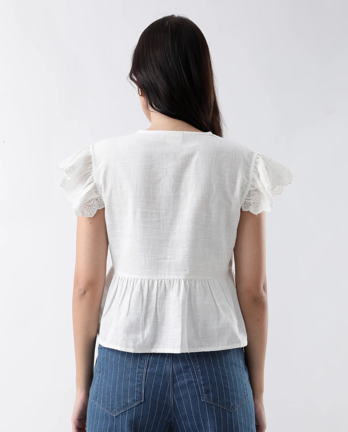 Rareism Women's Preler White Cotton V-Neck Plain Ruffled Sleeve Regular Fit Top