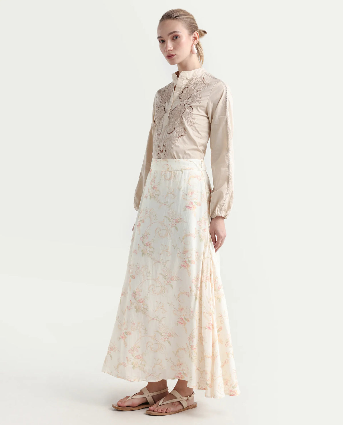 Rareism Women's Prelio Off White Viscose Floral Print Maxi A-Line Skirt