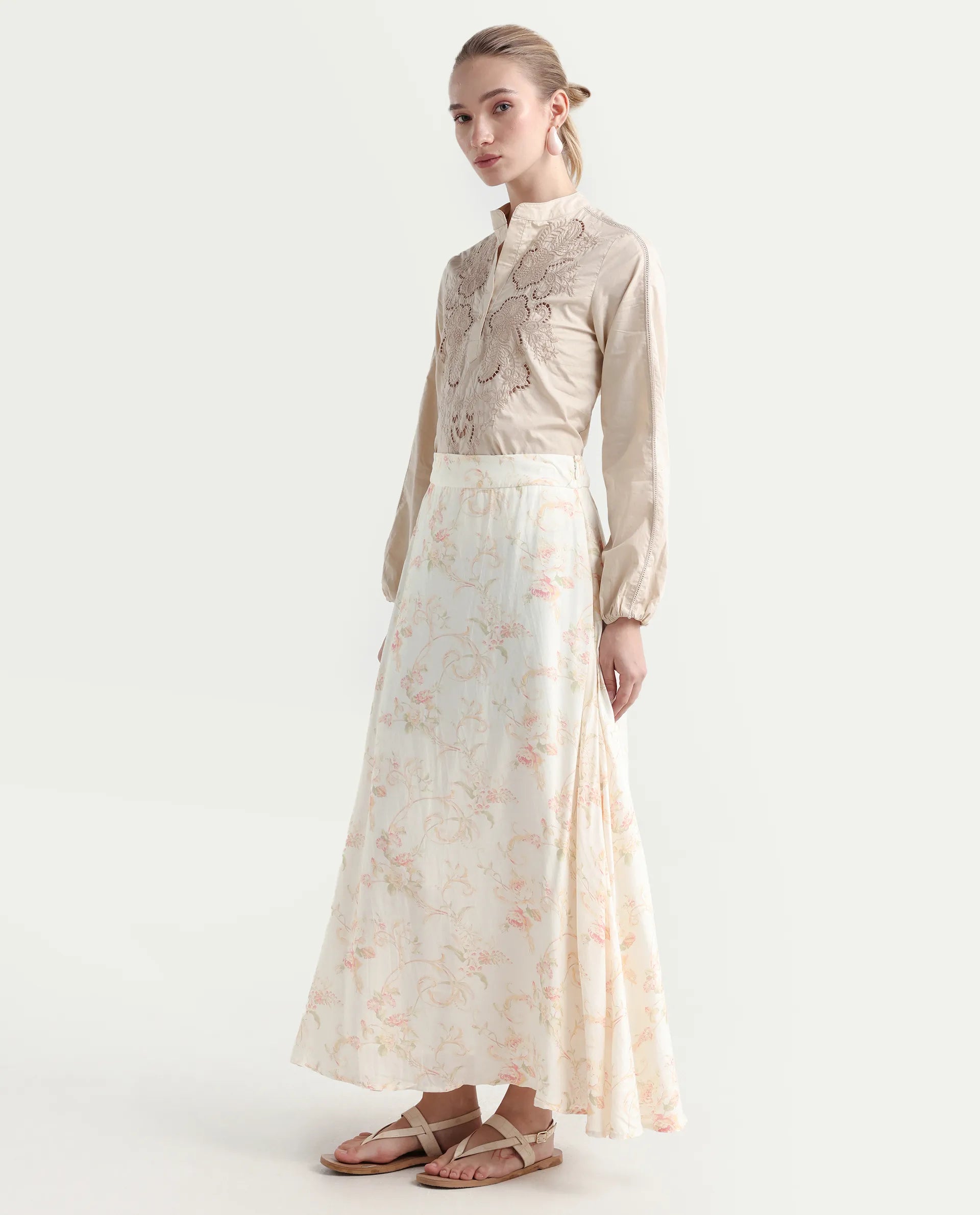 Rareism Women's Prelio Off White Viscose Floral Print Maxi A-Line Skirt