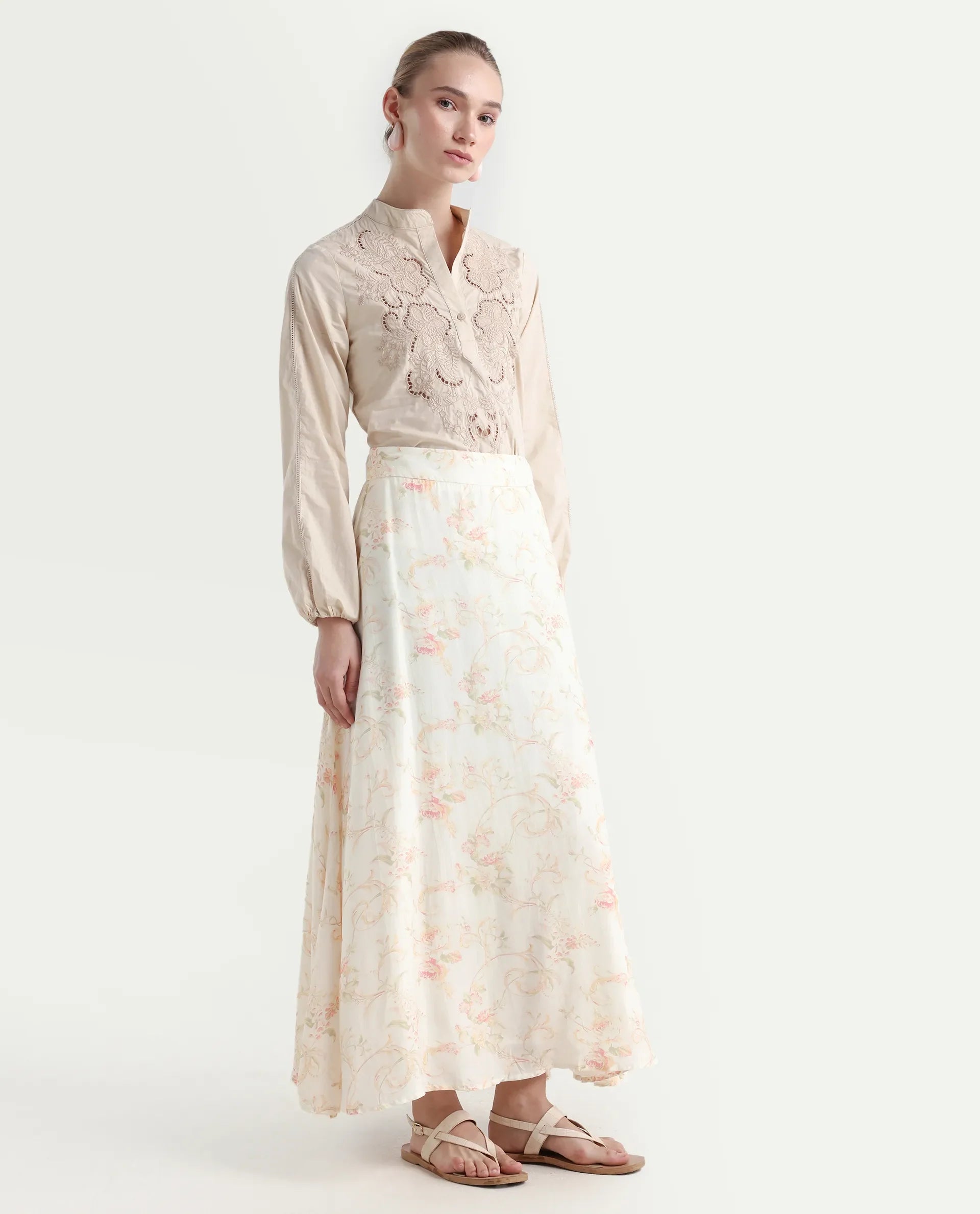 Rareism Women's Prelio Off White Viscose Floral Print Maxi A-Line Skirt