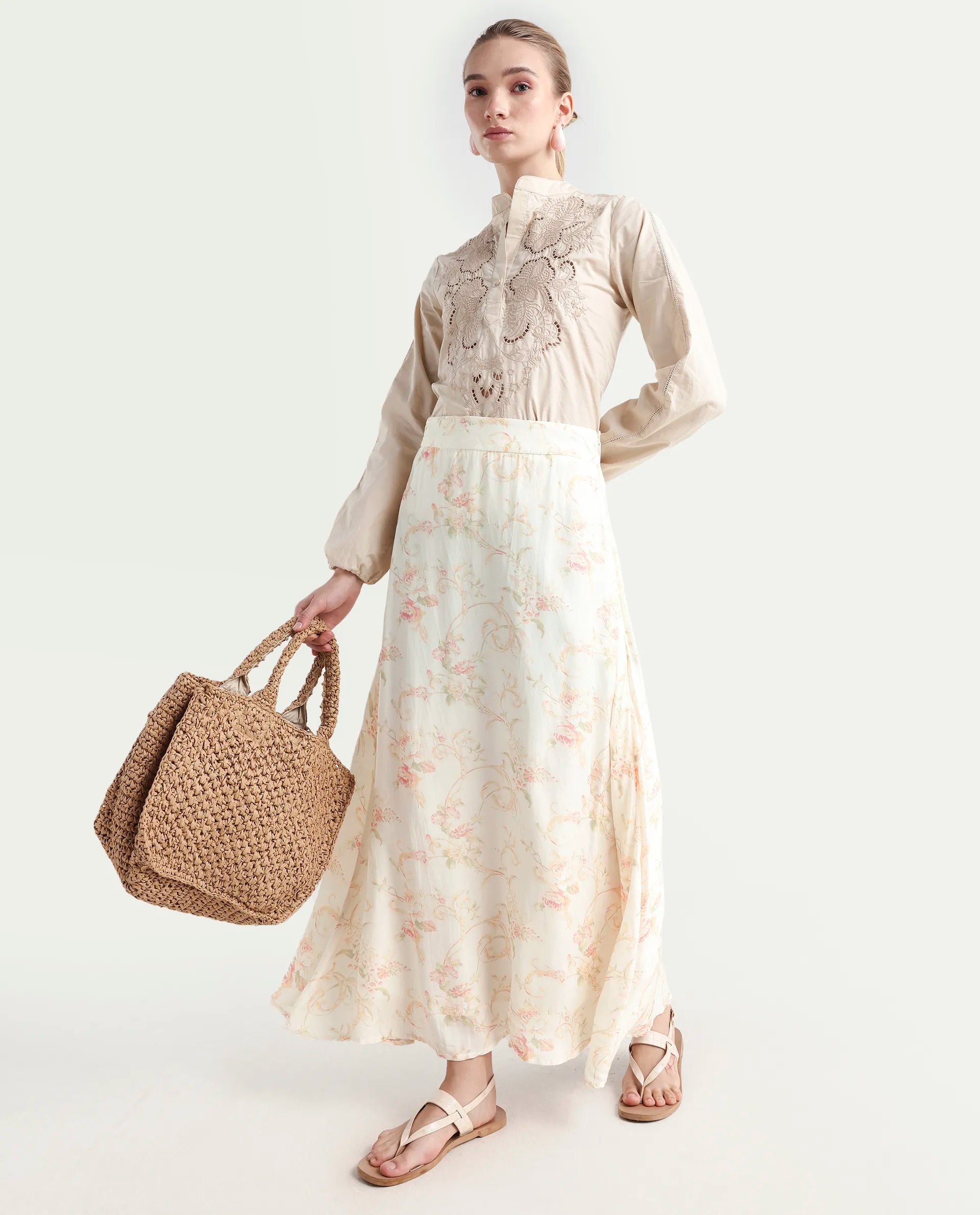 Rareism Women's Prelio Off White Viscose Blend Floral Print Maxi A-Line Skirt