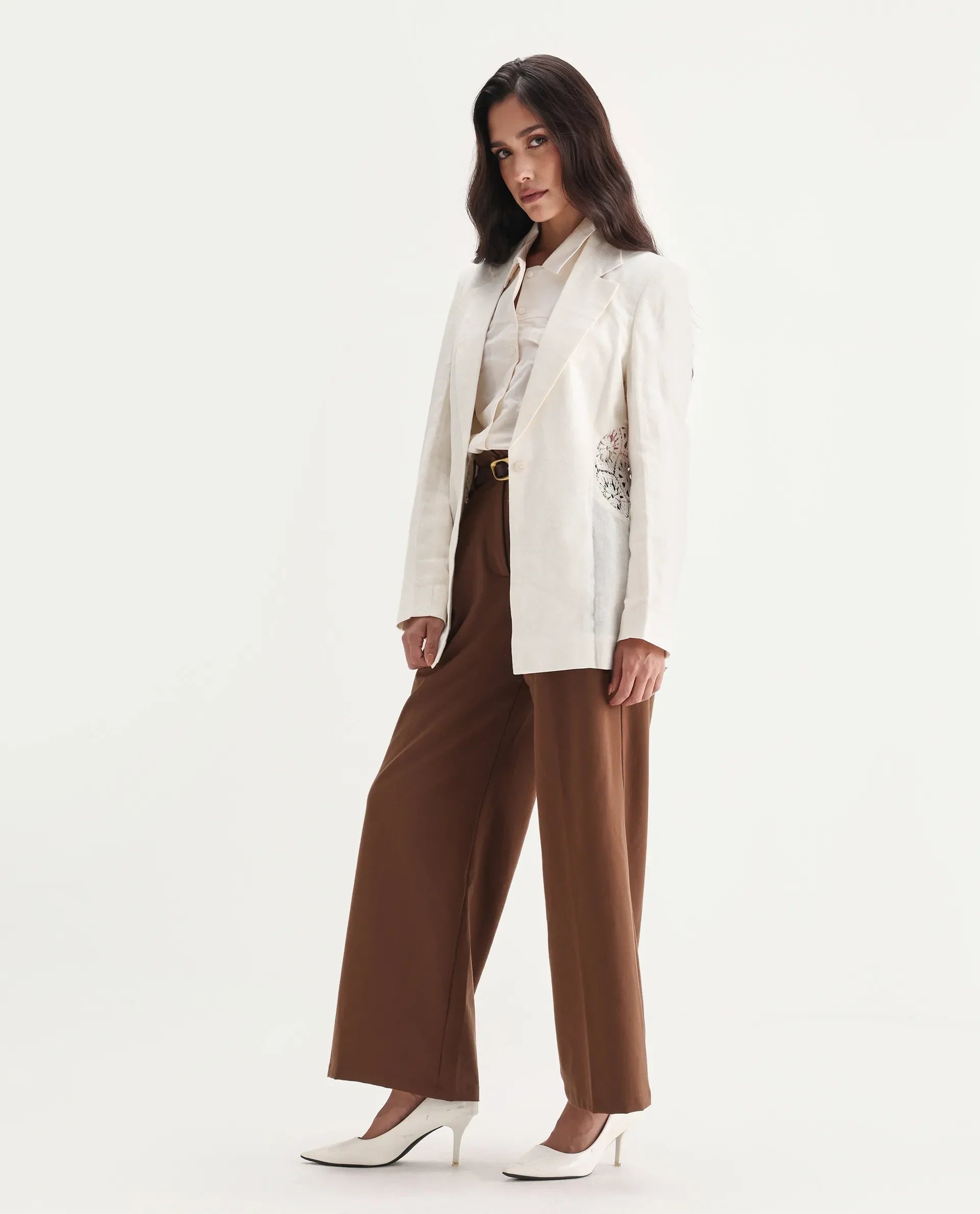 Rareism Women's Prender Off White Linen Lapel Neck Regular Fit Plain Blazer