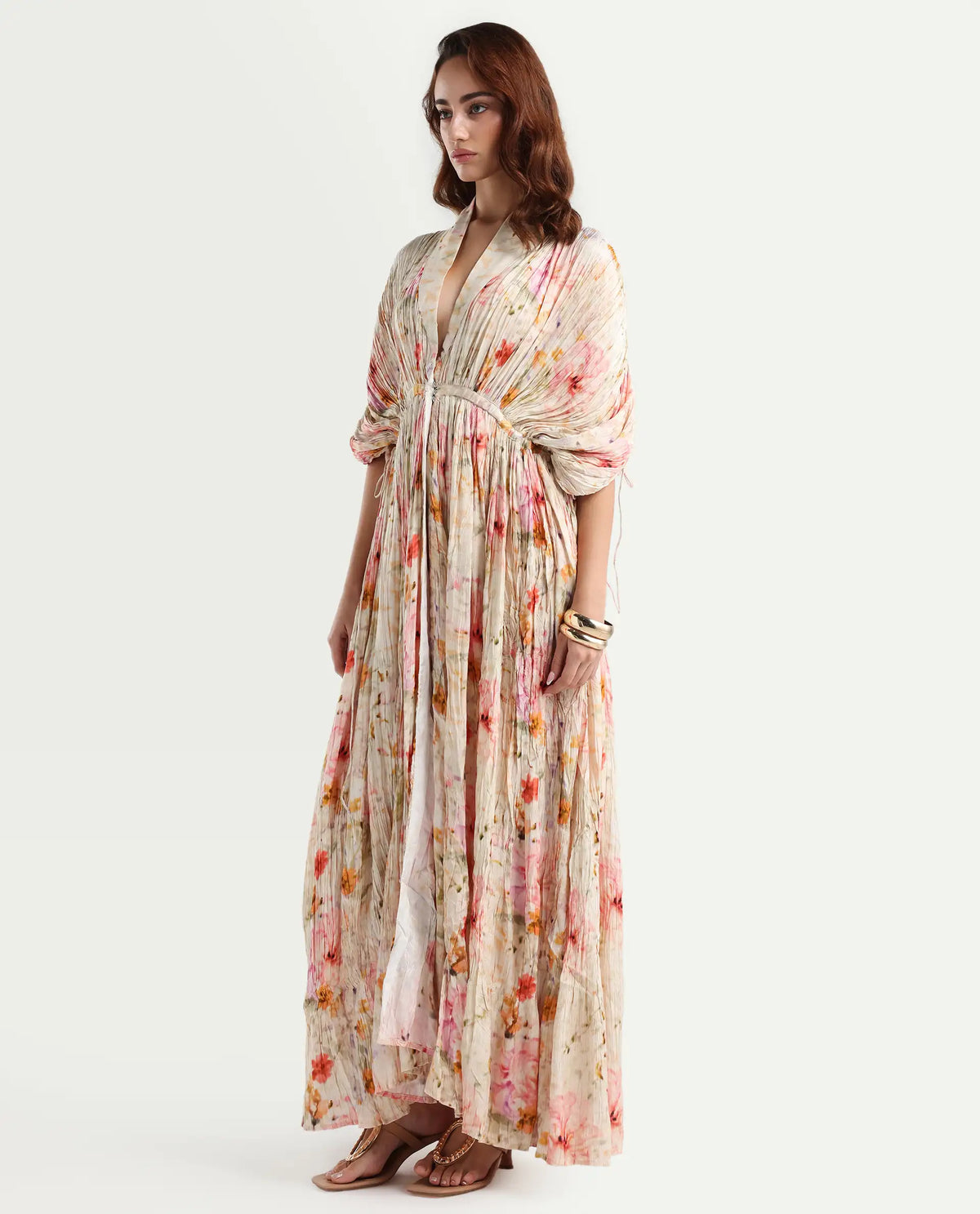 Rareism Women's Prenok Multi Viscose V-Neck Floral Print Kimono Sleeve Maxi Straight Fit Dress