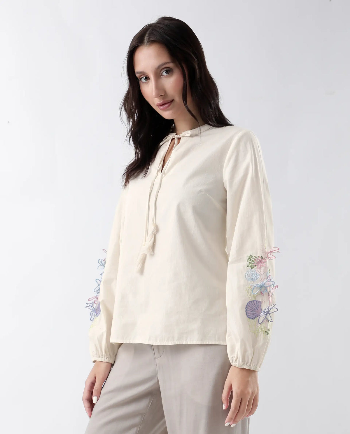 Rareism Women's Prenta-T Beige Cotton Tie-Up Neck Striped Regular Fit Top