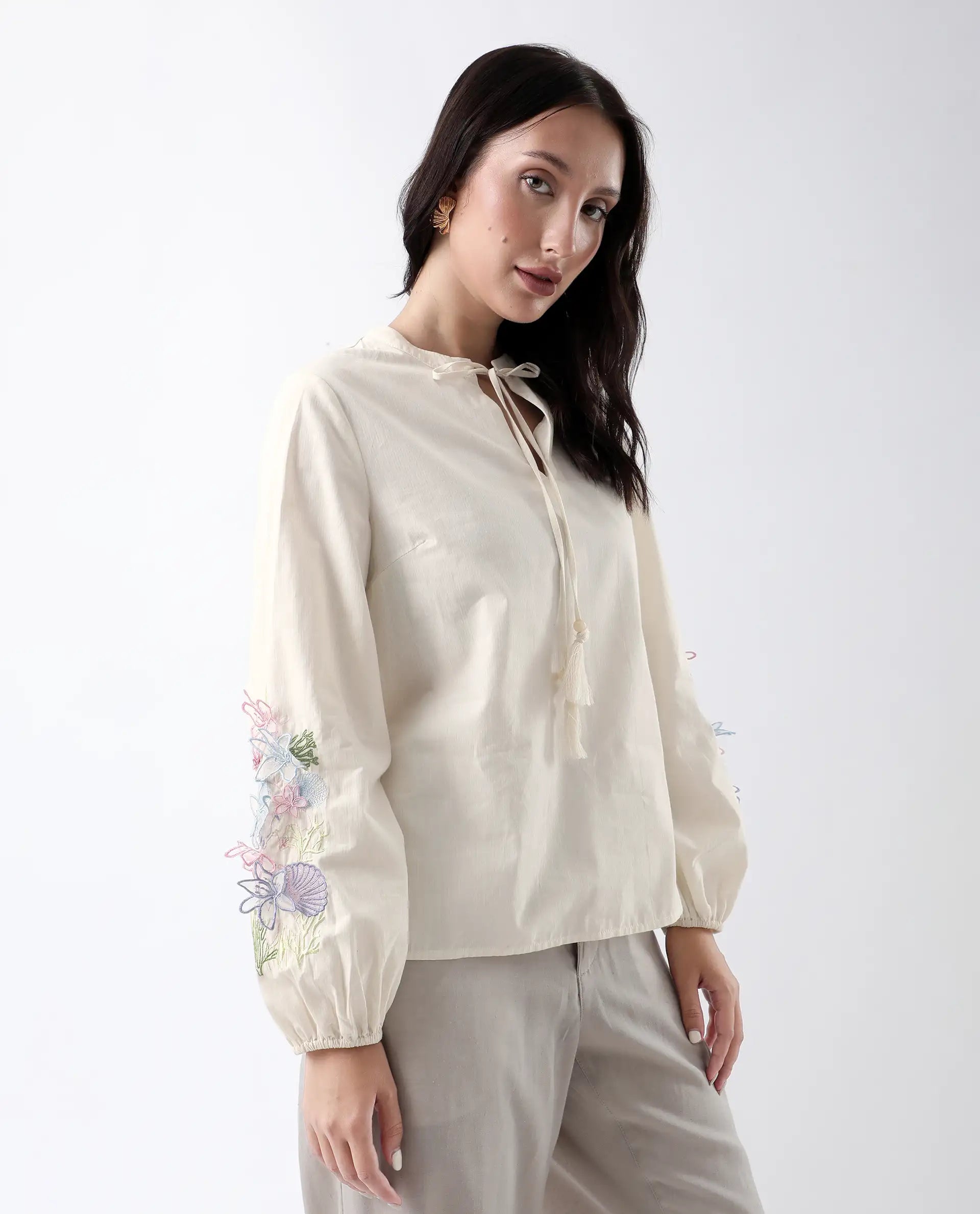 Rareism Women's Prenta-T Beige Cotton Tie-Up Neck Striped Regular Fit Top