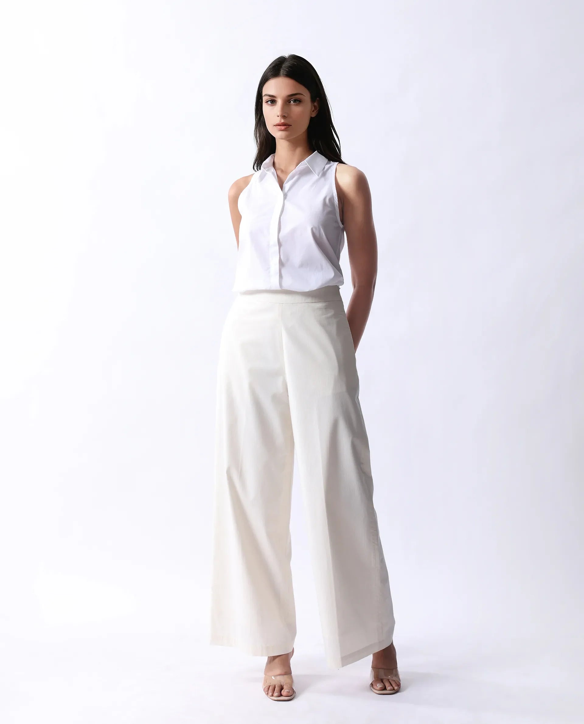 Rareism Women's Prenta B Beige Cotton Striped Ankle Length Straight Fit Trouser