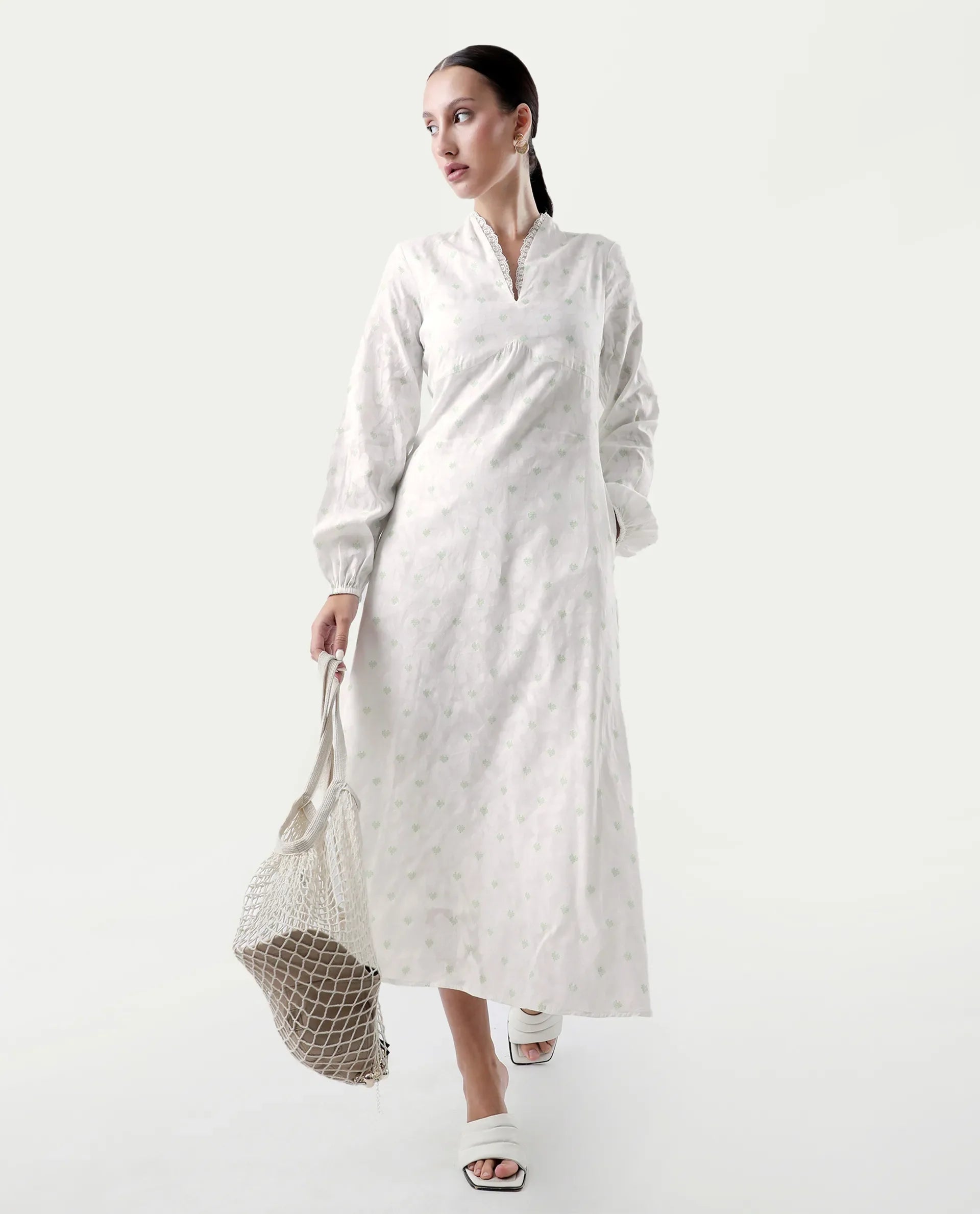 Rareism Women's Prento White Cotton V-Neck Plain Bishop Sleeve Midi Flared Dress