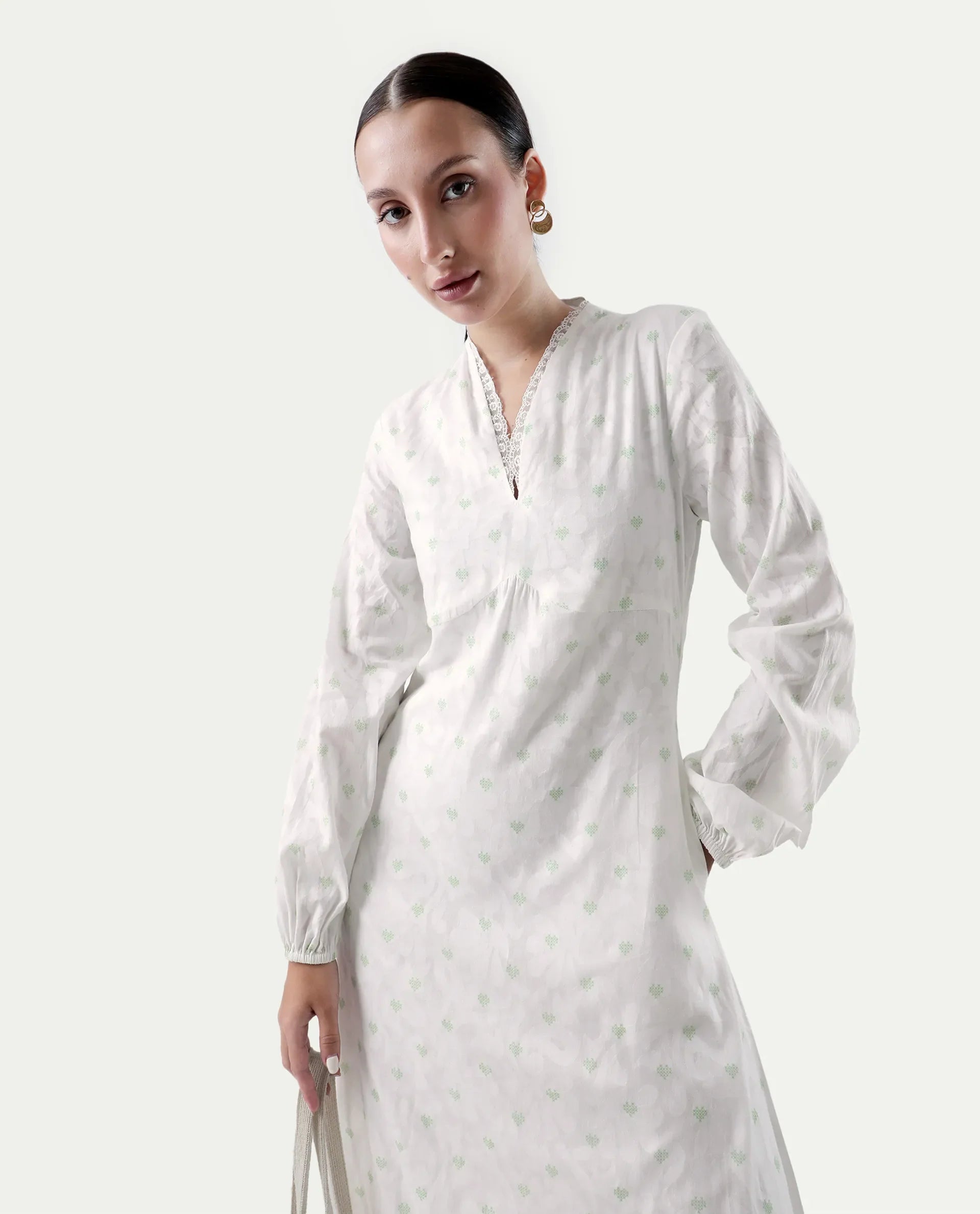 Rareism Women's Prento White Cotton V-Neck Plain Bishop Sleeve Midi Flared Dress